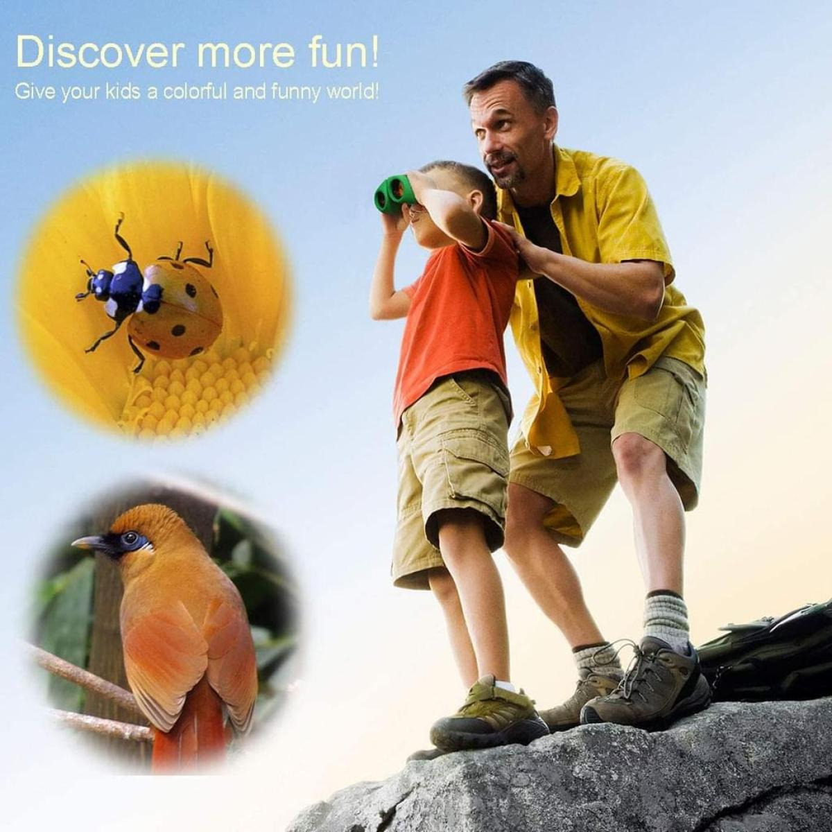 Vater und Sohn benutzen ein Fernglas. Insekten und ein Vogel in Kreisen links.