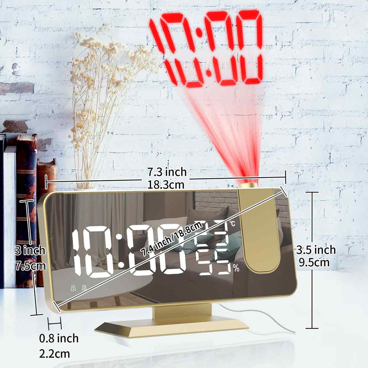 Digitaluhr mit Zeitprojektion, zeigt 10:00, mit im Bild angegebenen Maßen.
