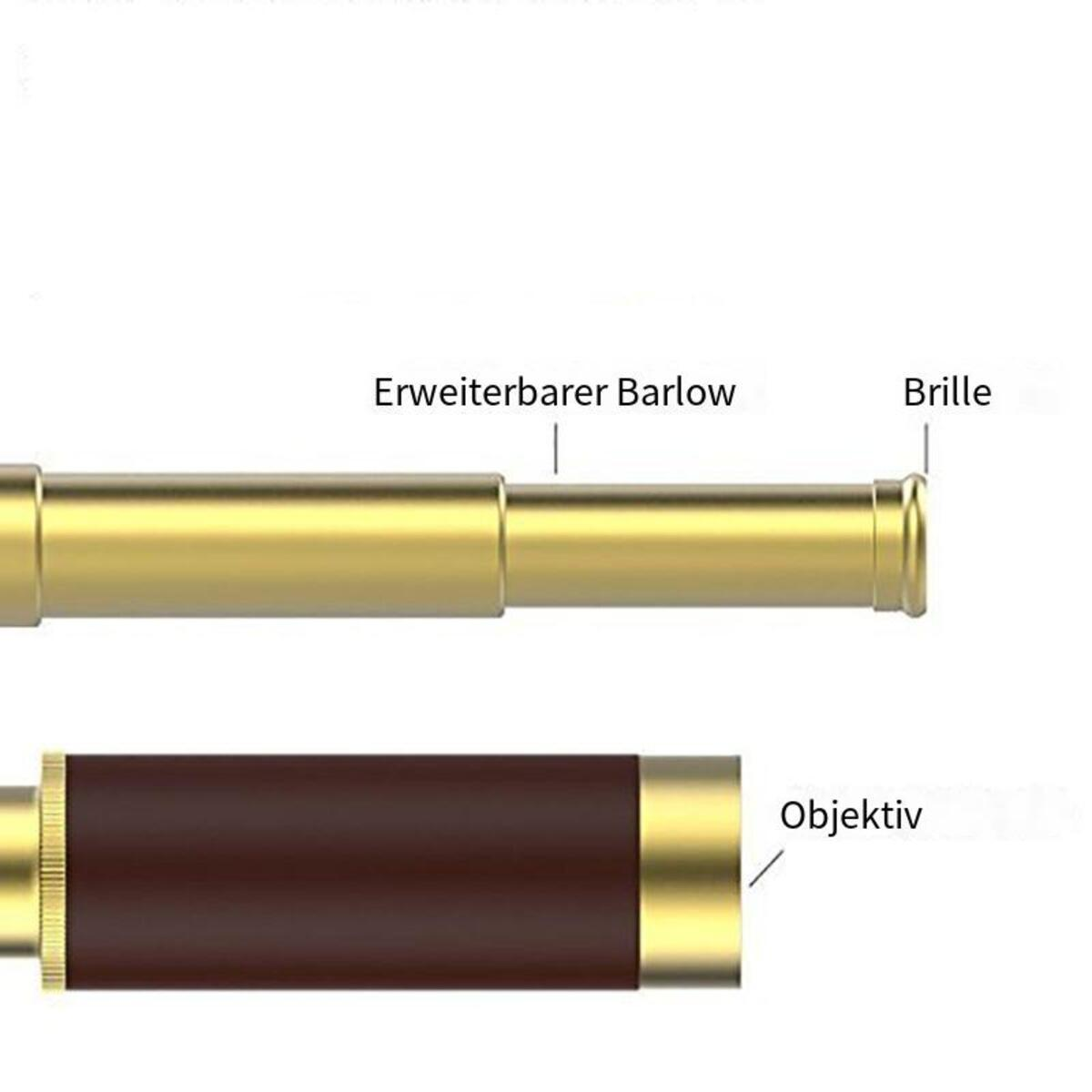 Teleskop mit Beschriftungen: Barlow, Okular und Objektiv, vor weißem Hintergrund.