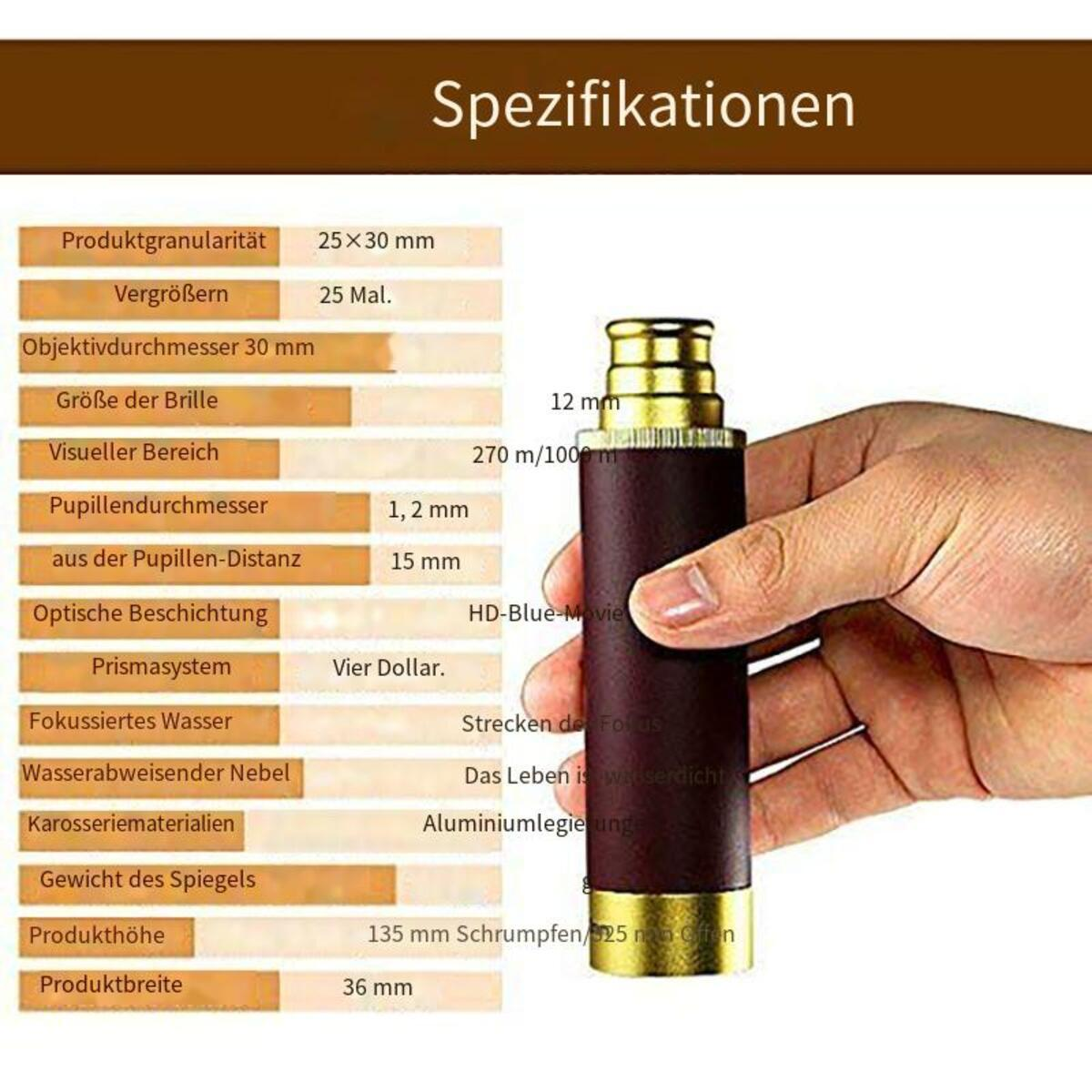 Eine Person hält ein kleines Teleskop mit Spezifikationen und einem Diagramm links.