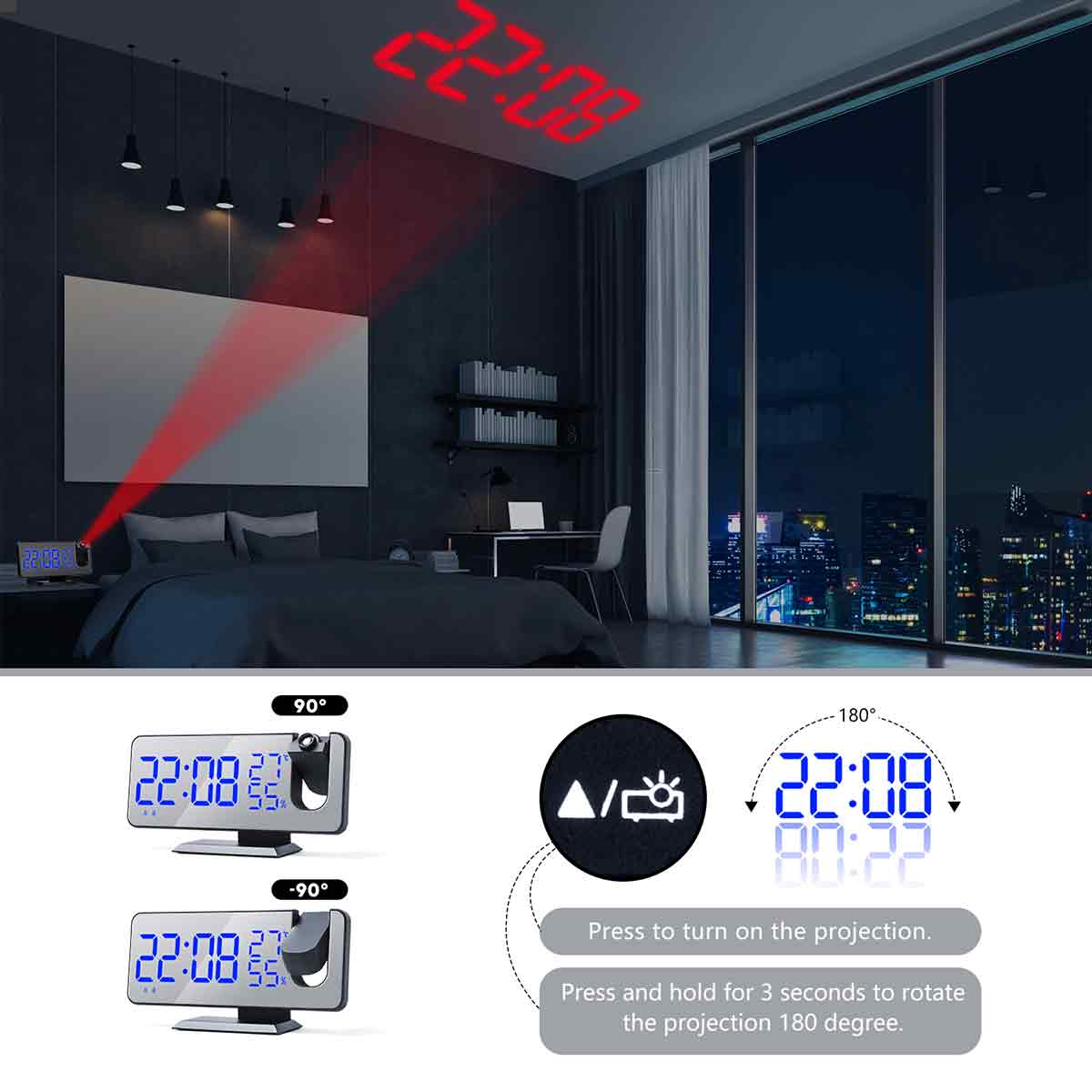 Digitaluhr, die Zeit an die Decke projiziert. Schlafzimmer mit Bett, Fenster und Textanweisungen.