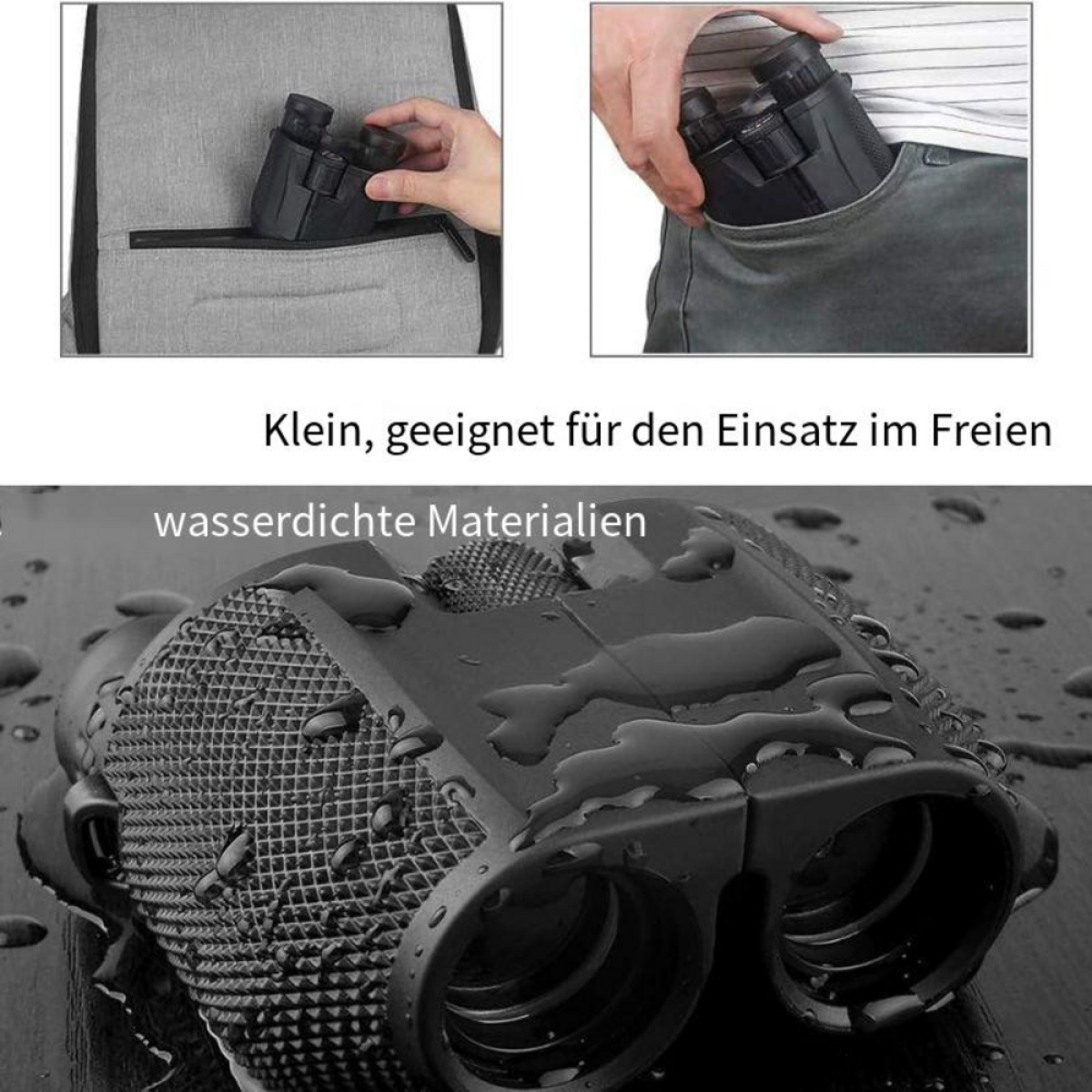 Fernglas in der Tasche und Rucksacktasche, mit Wassertröpfchen auf der Oberfläche.