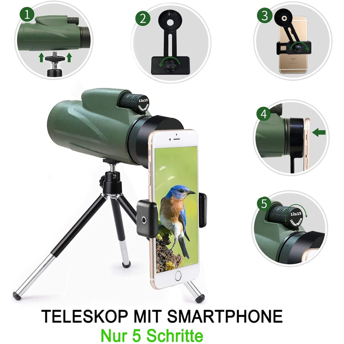 Teleskop mit Smartphone-Halterung. Zeigt Schritte zur Einrichtung. Enthält Stativ und Nahaufnahmen.