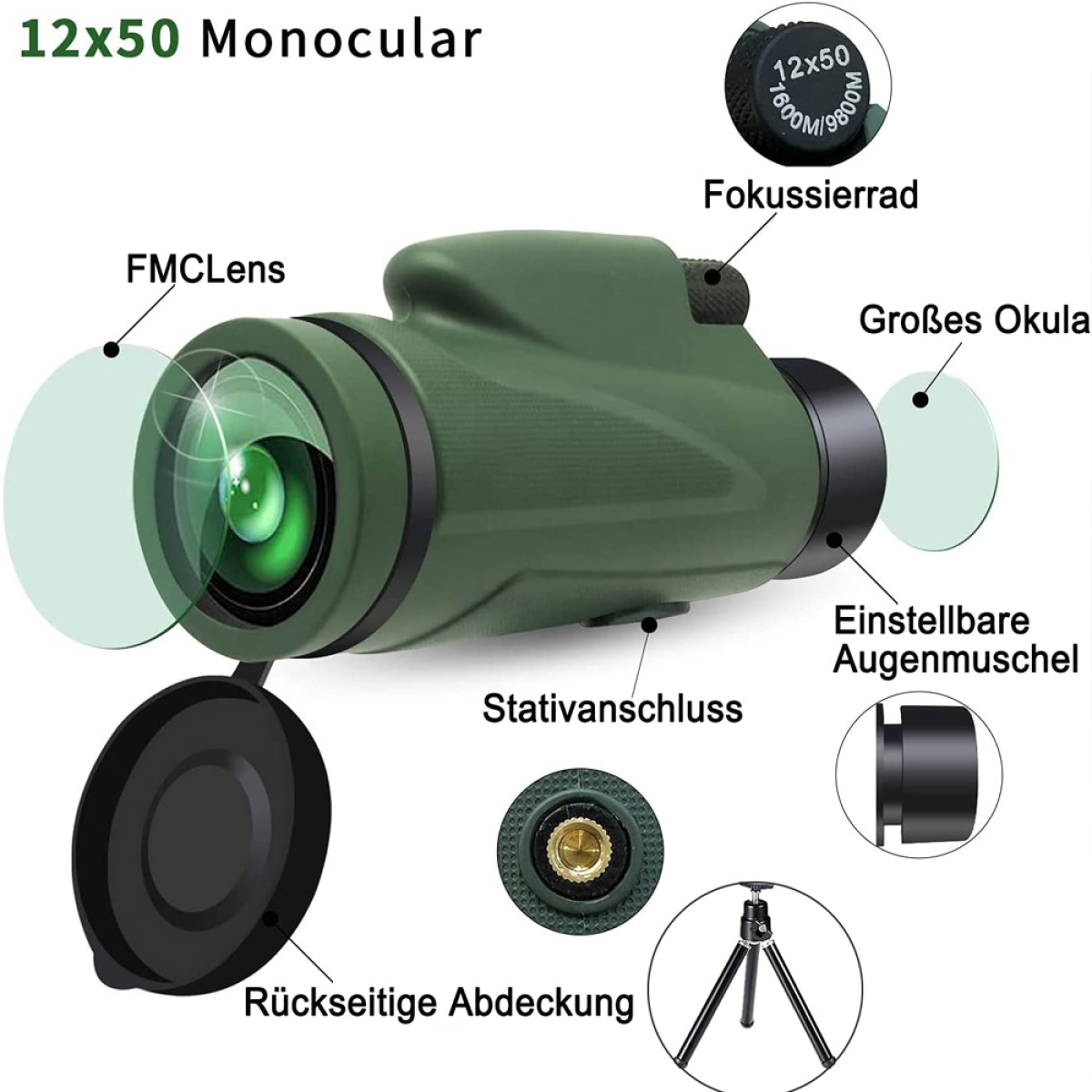 Grünes Monokular mit Beschriftungen. Zeigt Details der Linse, des Okulars und anderer Teile.