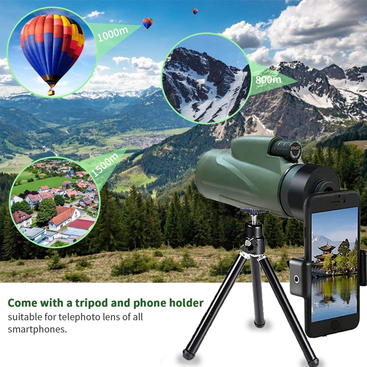 Monokular mit Telefonhalter und Stativ, das eine Landschaft mit Heißluftballons und Bergen zeigt.