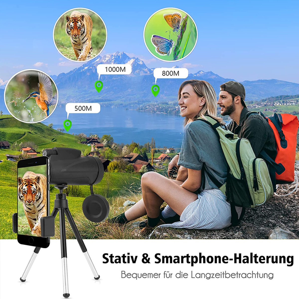Menschen betrachten einen See mit Fernglas und Telefon mit Tiger.