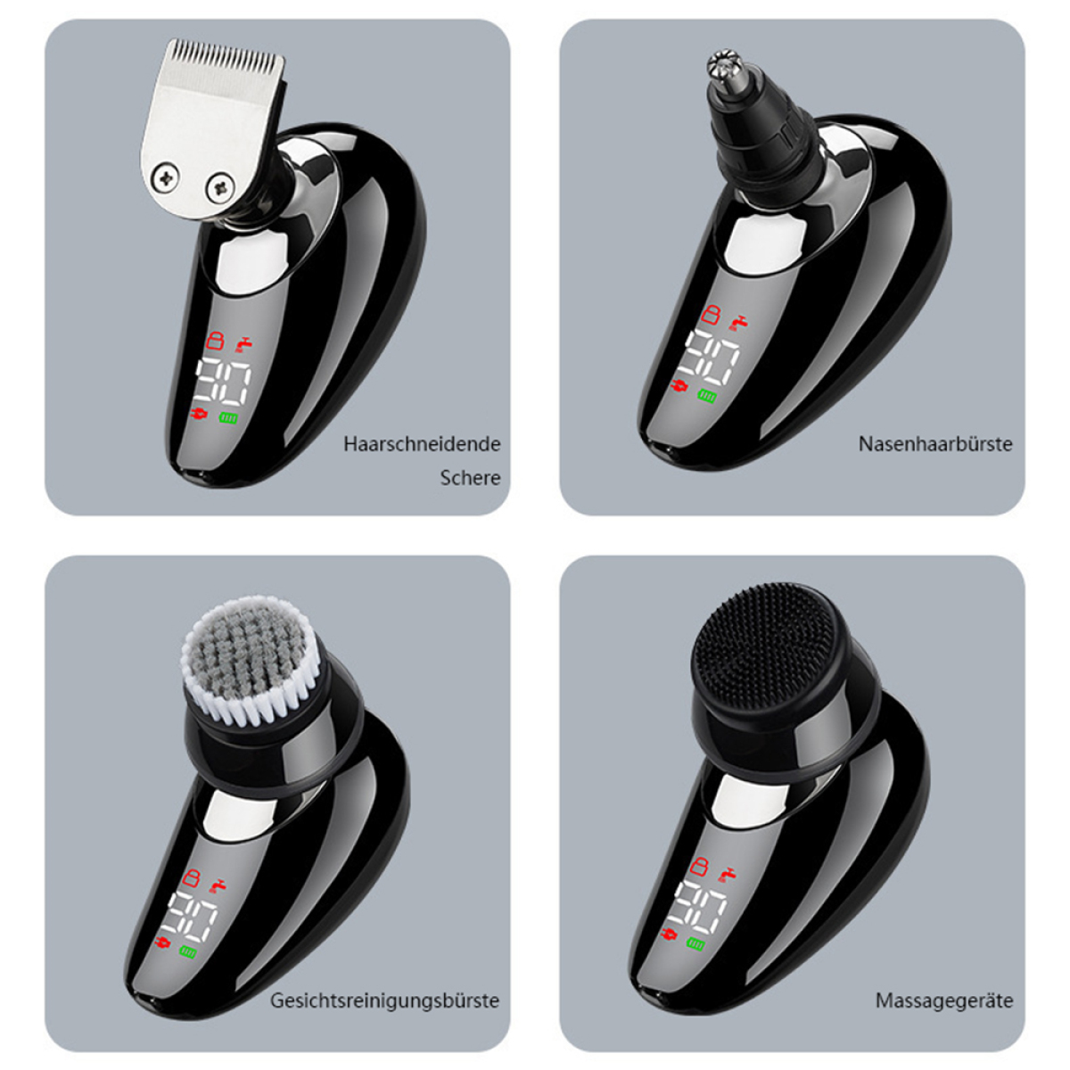 Schwarzes Pflegegerät mit vier Aufsätzen: Trimmer, Nasenhaartrimmer, Bürste und Massagegerät.