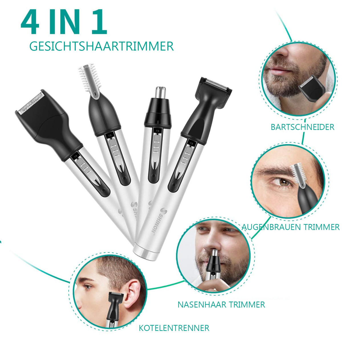 4-in-1-Pflegeset mit mehreren Aufsätzen, mit Diagrammen.