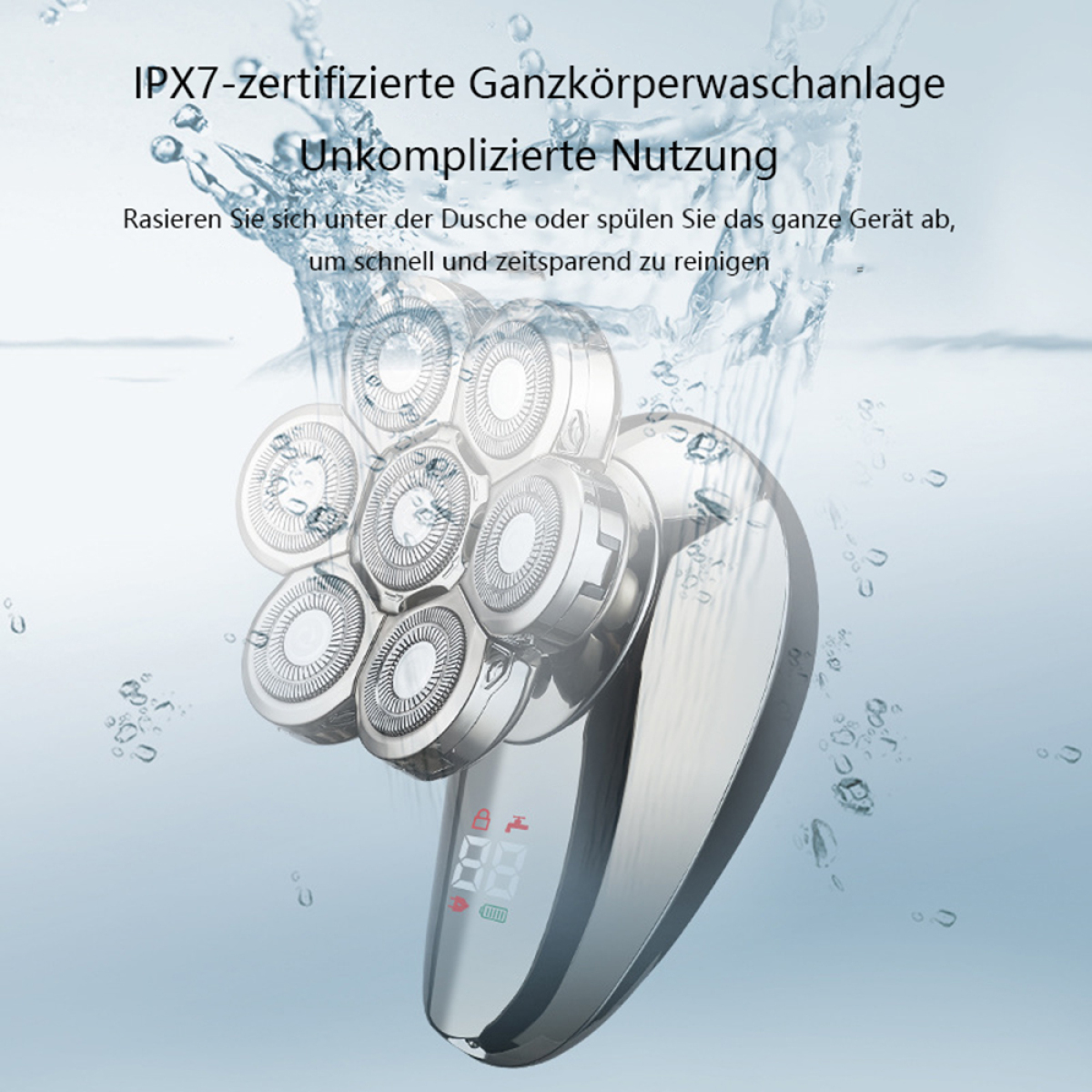 Silberner Elektrorasierer mit Wasser und Text auf hellblauem Hintergrund.