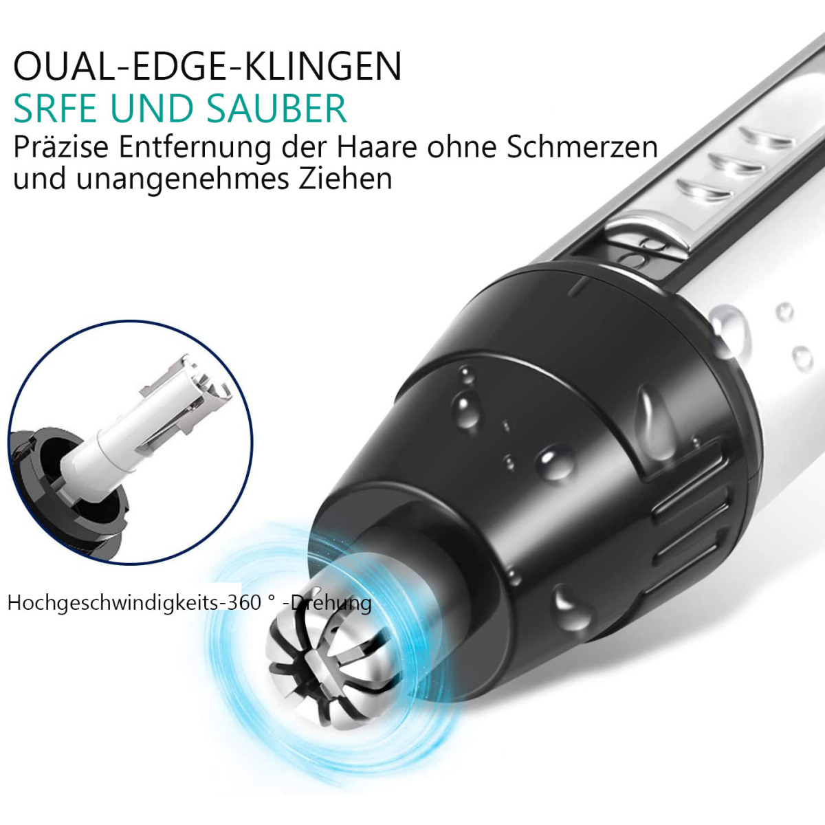 Nahaufnahme eines Nasenhaartrimmers. Er hat einen schwarzen Kopf und einen silbernen Körper.