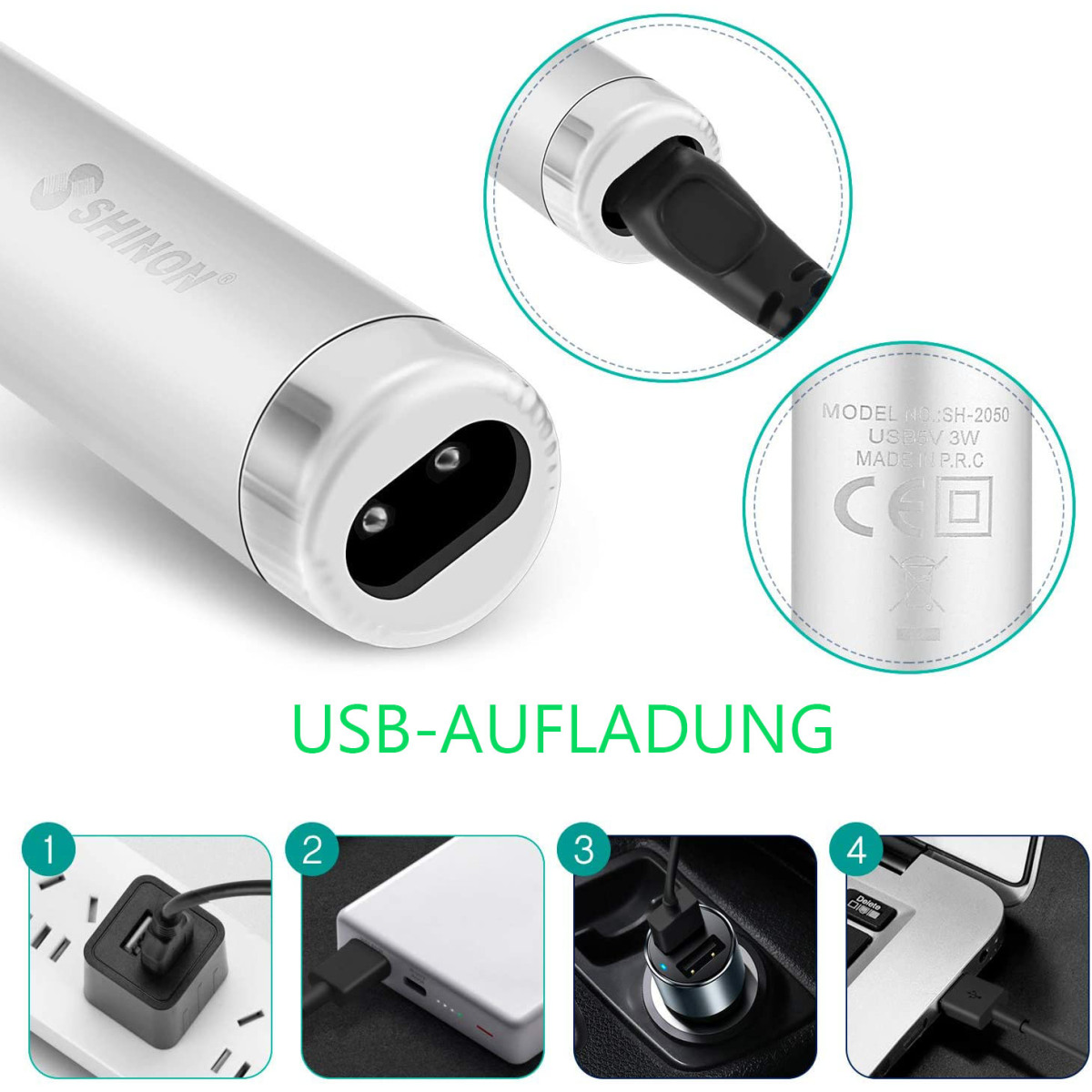 Nahaufnahme eines silbernen Elektrorasierers und Diagramme, die USB-Ladeoptionen zeigen.