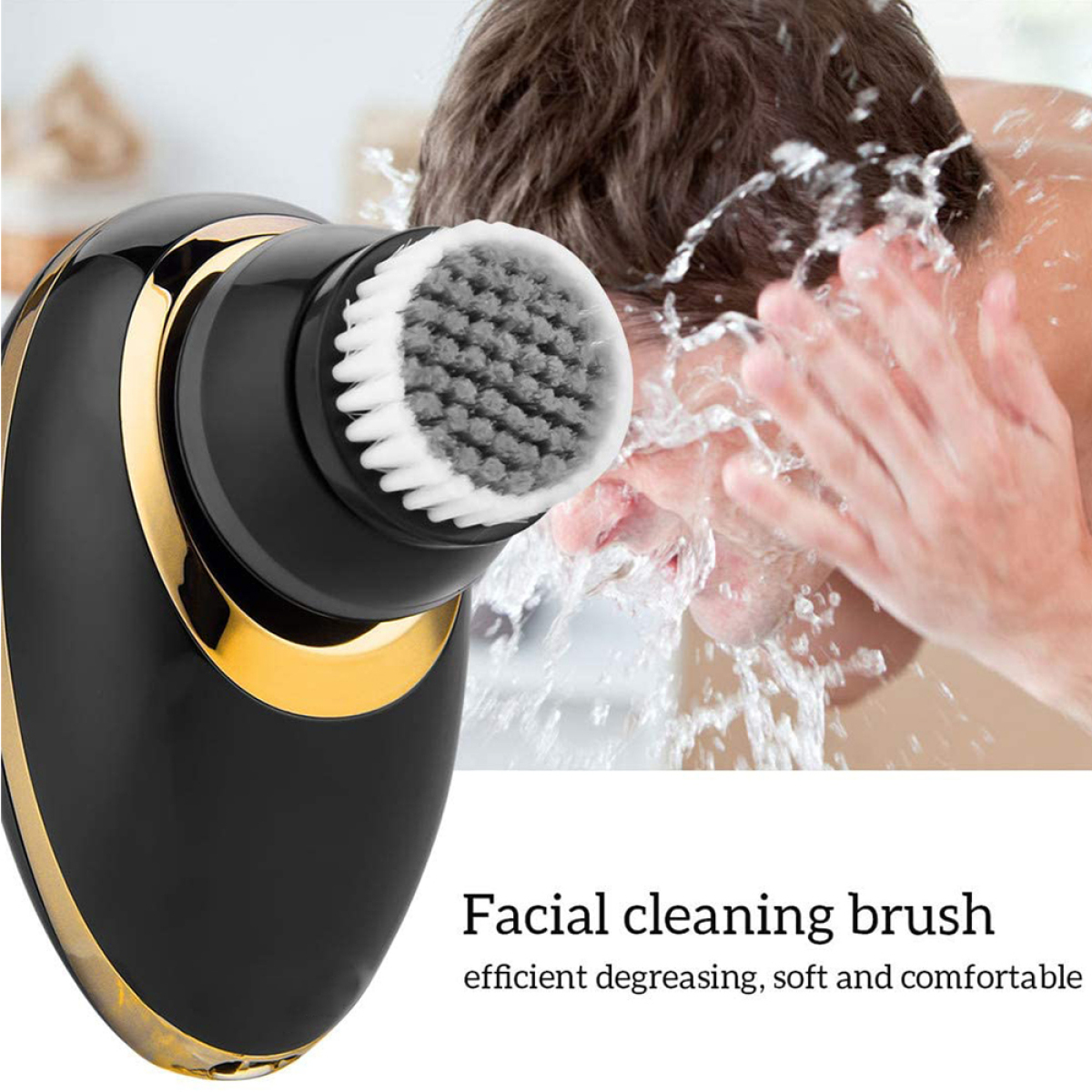 Gesichtsreinigungsbürste mit schwarz-goldenem Design, benutzt von einem Mann, Wasser spritzt im Hintergrund.