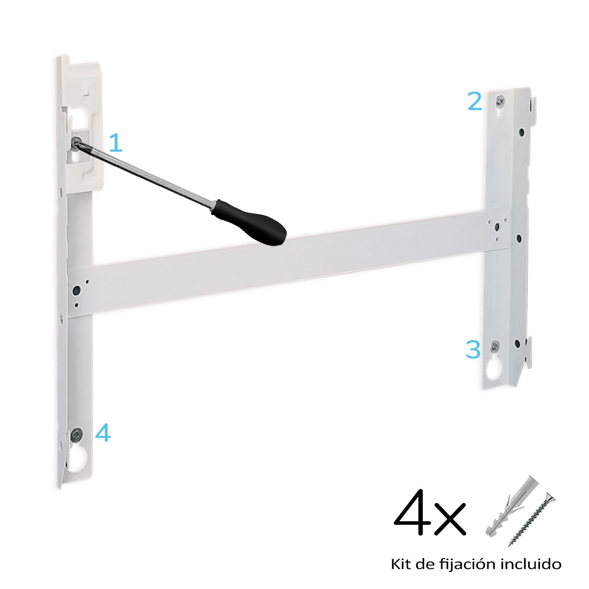 Soporte blanco con destornillador. El kit incluye fijaciones. Numerado para montaje.
