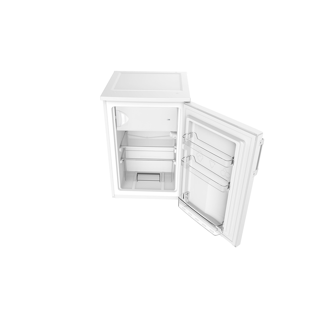 Weißer Mini-Kühlschrank mit offener Tür, zeigt Regale und Innendetails.