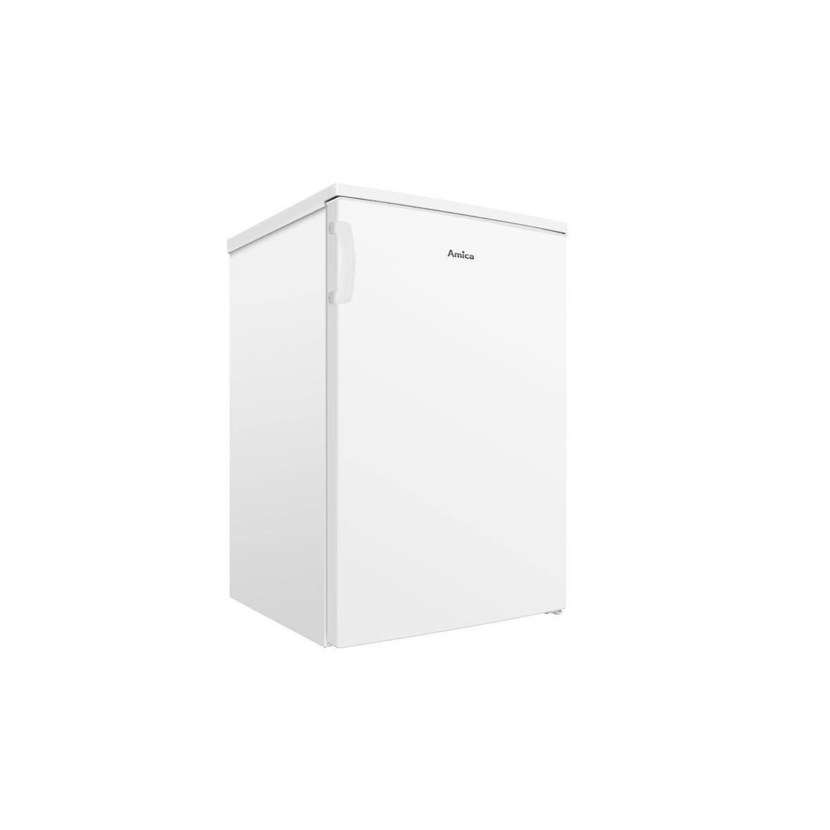 Weißer Kühlschrank mit dem Amica-Logo. Der Griff ist rechts.