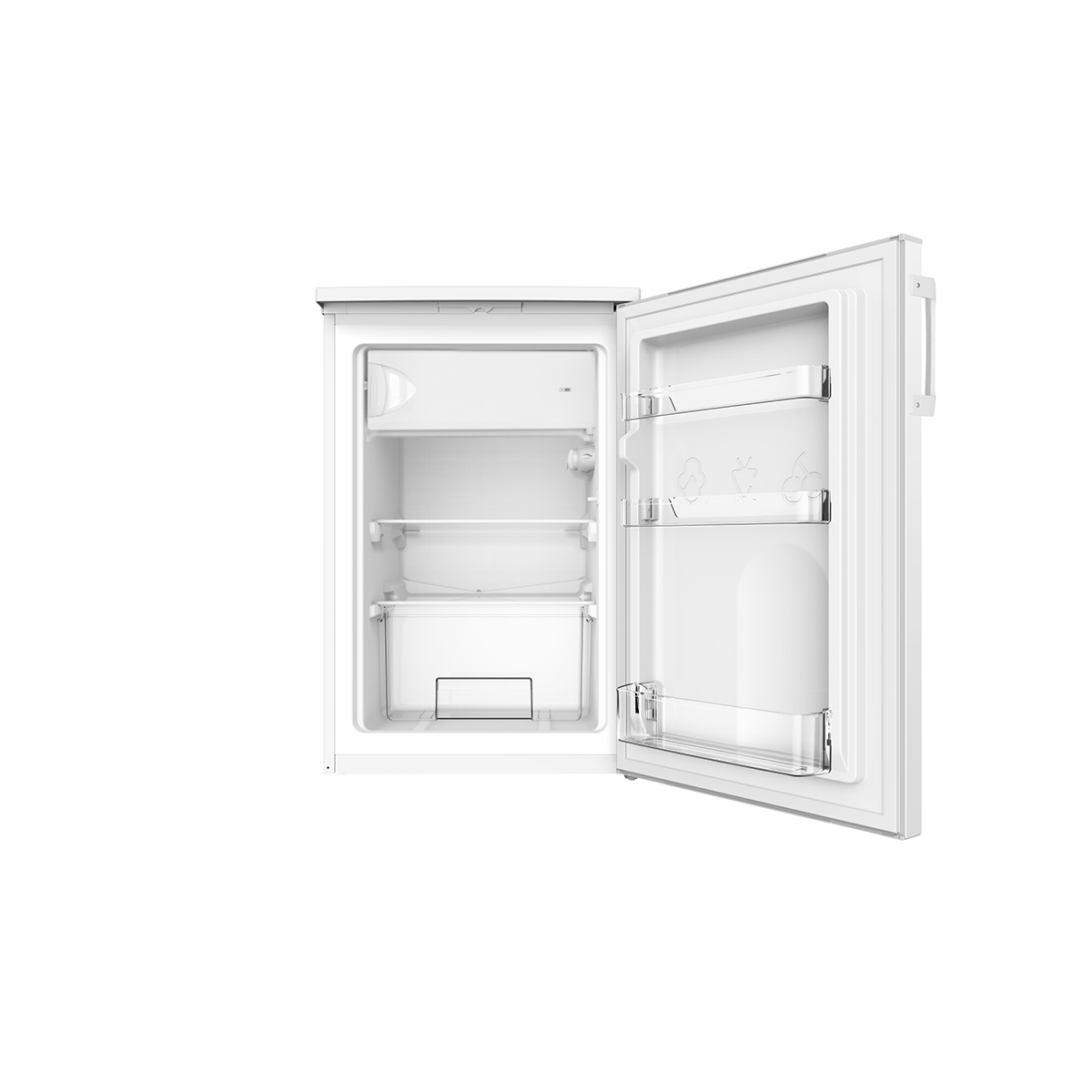 Weißer Mini-Kühlschrank mit offener Tür, zeigt Regale und eine Gemüseschublade.