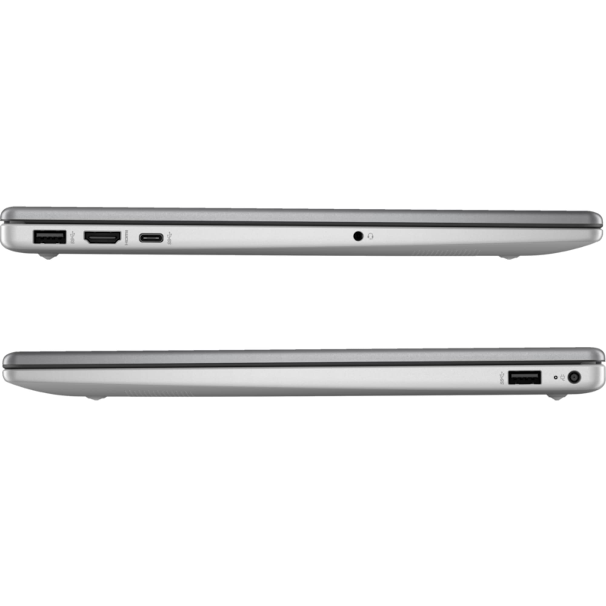 Silberner Laptop von der Seite, mit Anschlüssen. Die obere und untere Hälfte werden getrennt gezeigt.