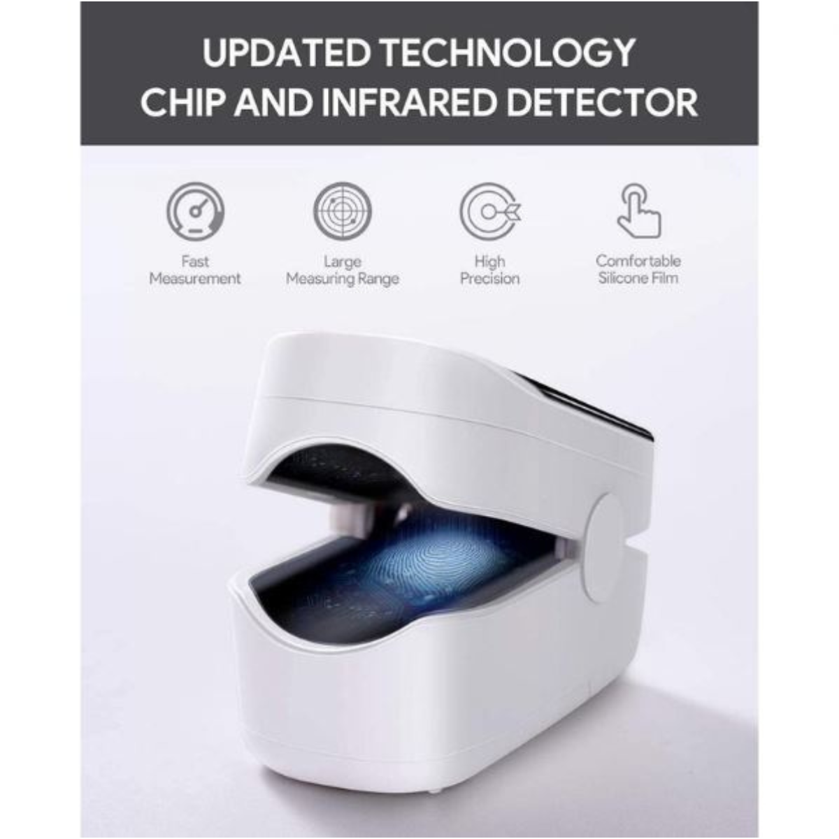 Weißes Finger-Pulsoximeter mit blauem Finger. Es hat einen Bildschirm mit Text über das Gerät.