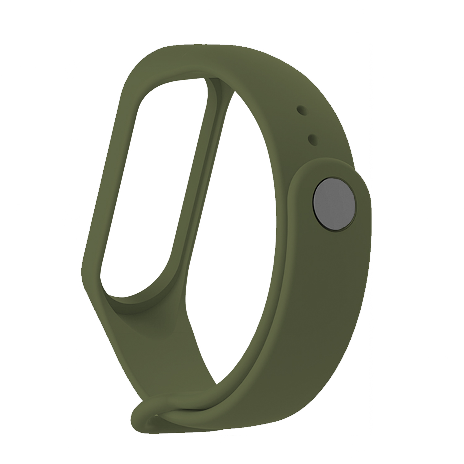 Una correa de silicona verde oliva para una pulsera inteligente. Tiene un lazo y un botón.