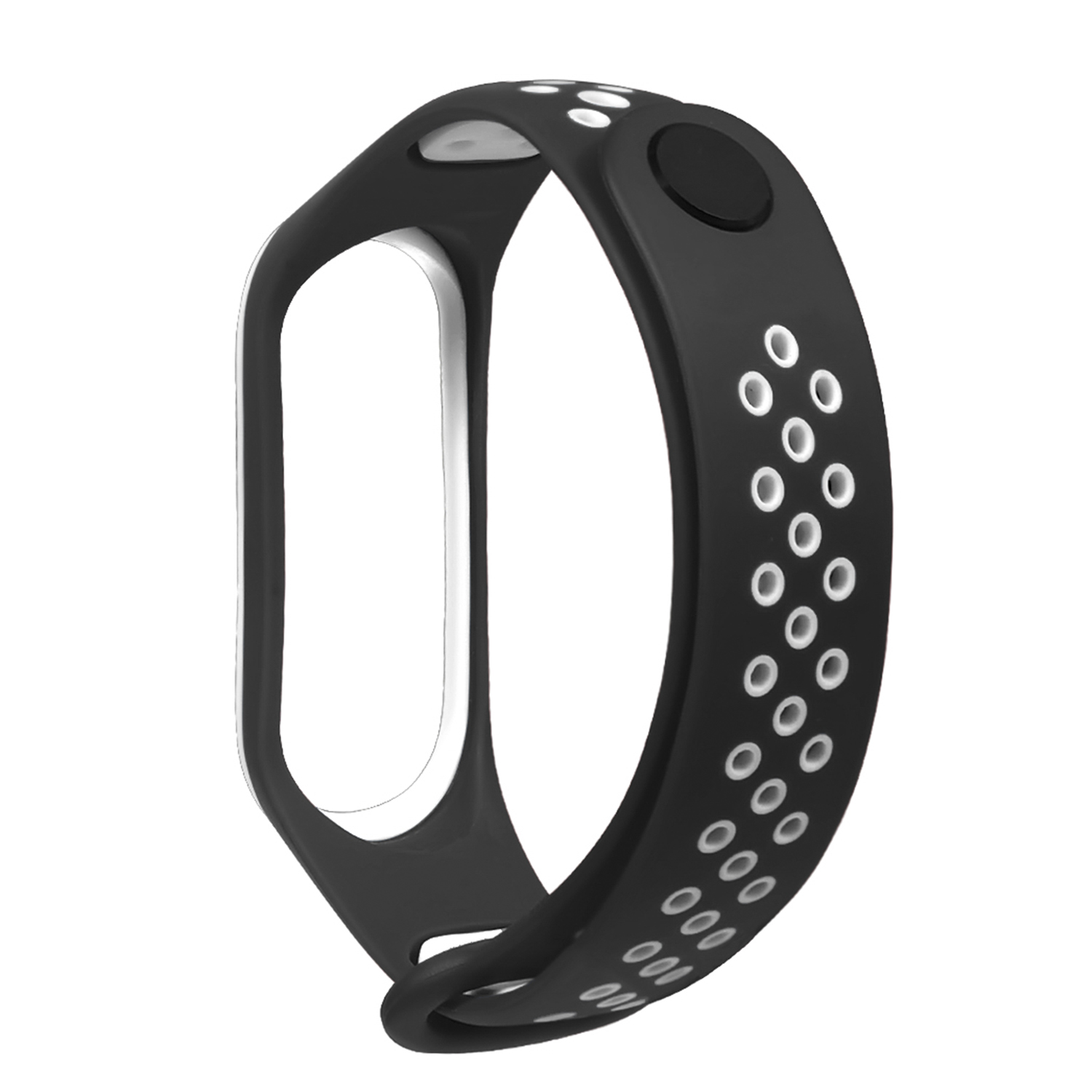 Un cinturino per smartwatch nero e bianco con fori multipli, su sfondo bianco.