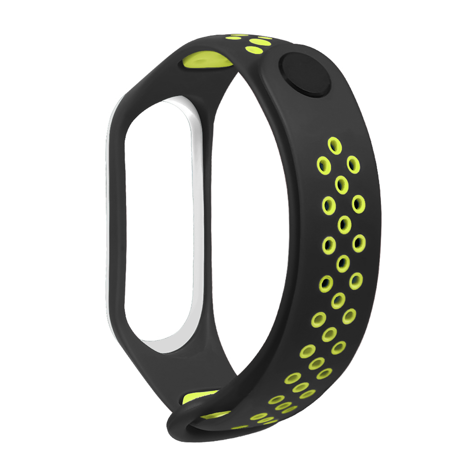 Fascia fitness tracker nera e verde neon con fori e chiusura.