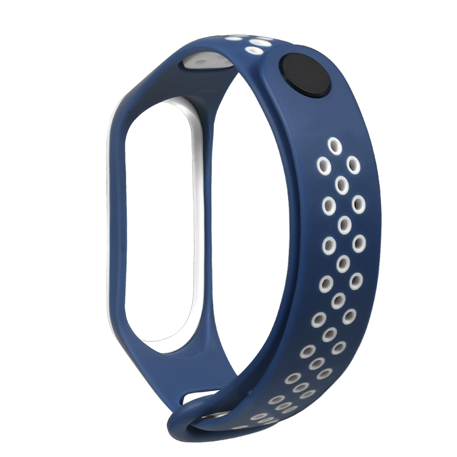 Una fascia fitness blu e bianca con un pulsante nero e fori.