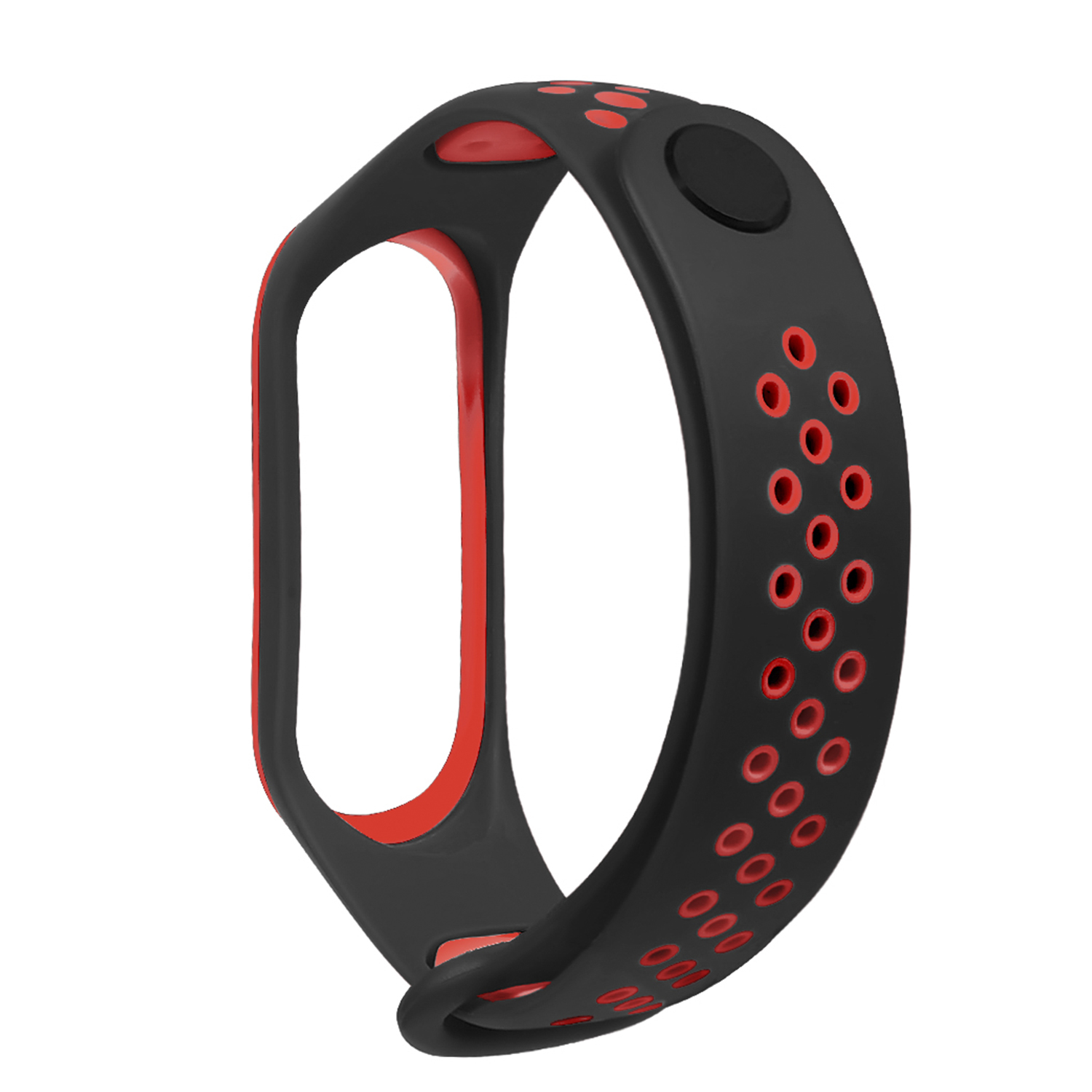 Cinturino per smartwatch nero e rosso. Design perforato con apertura centrale.