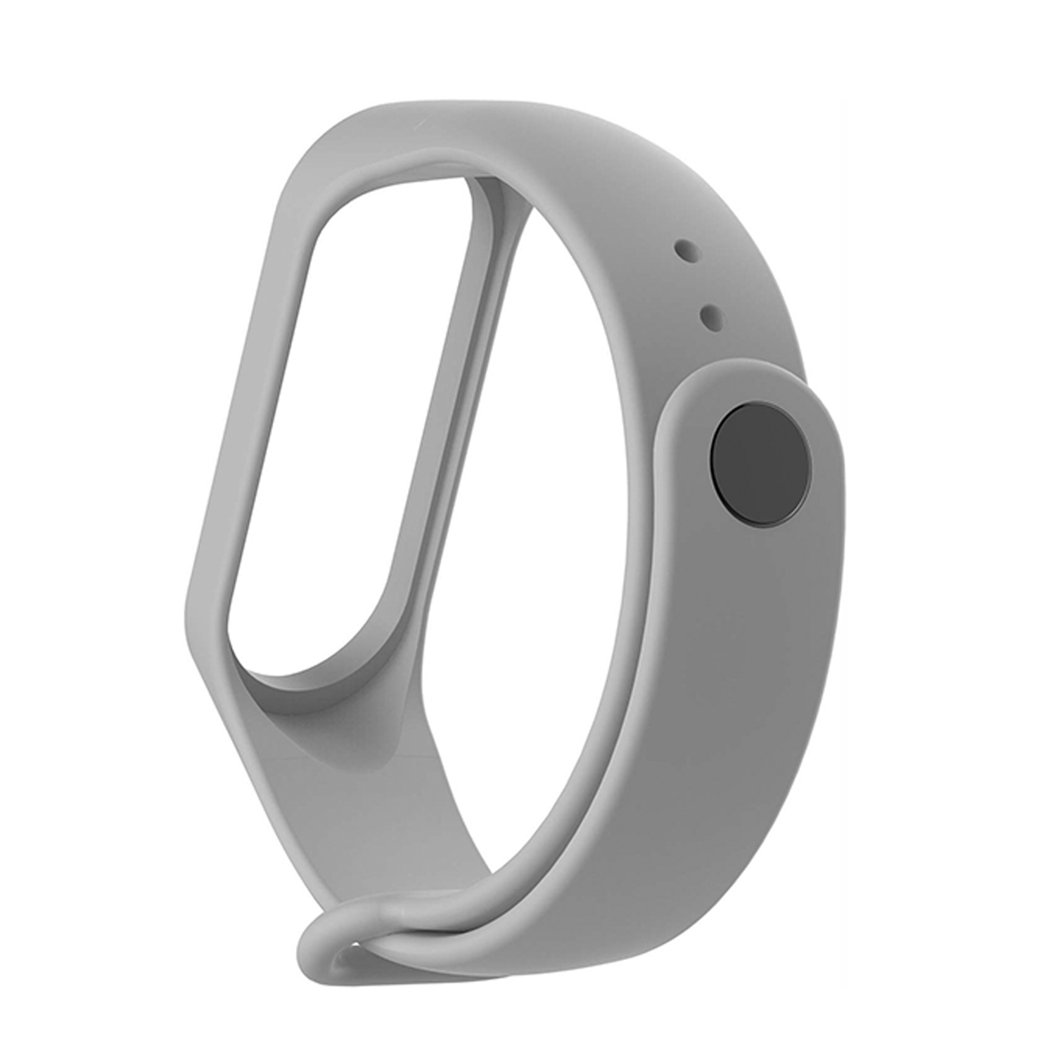 Un cinturino grigio per smartwatch con un bottone rotondo e due piccoli fori, isolato su bianco.