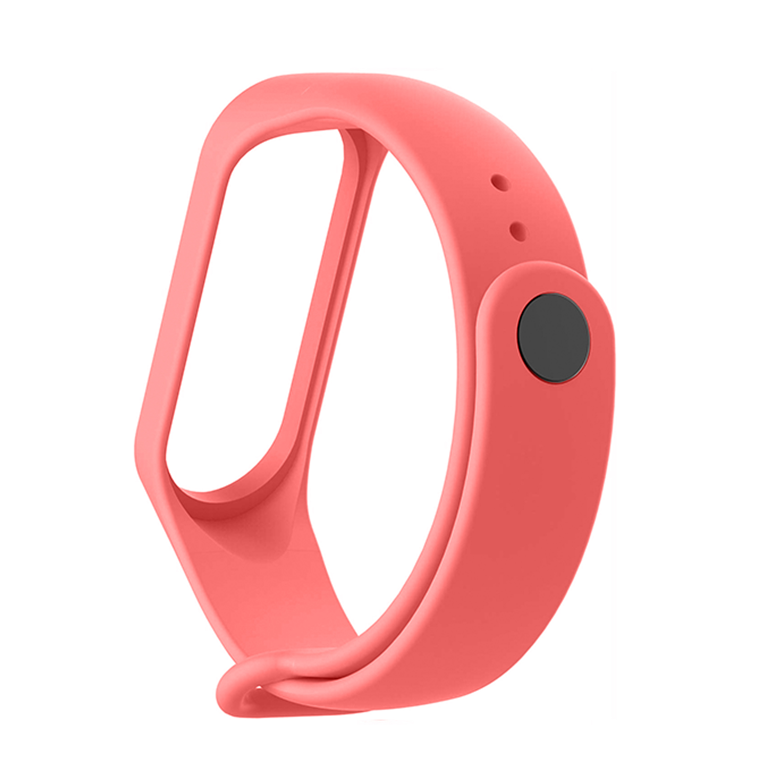 Cinturino in silicone rosa per smartwatch. Pulsante nero sul lato. Design curvo.