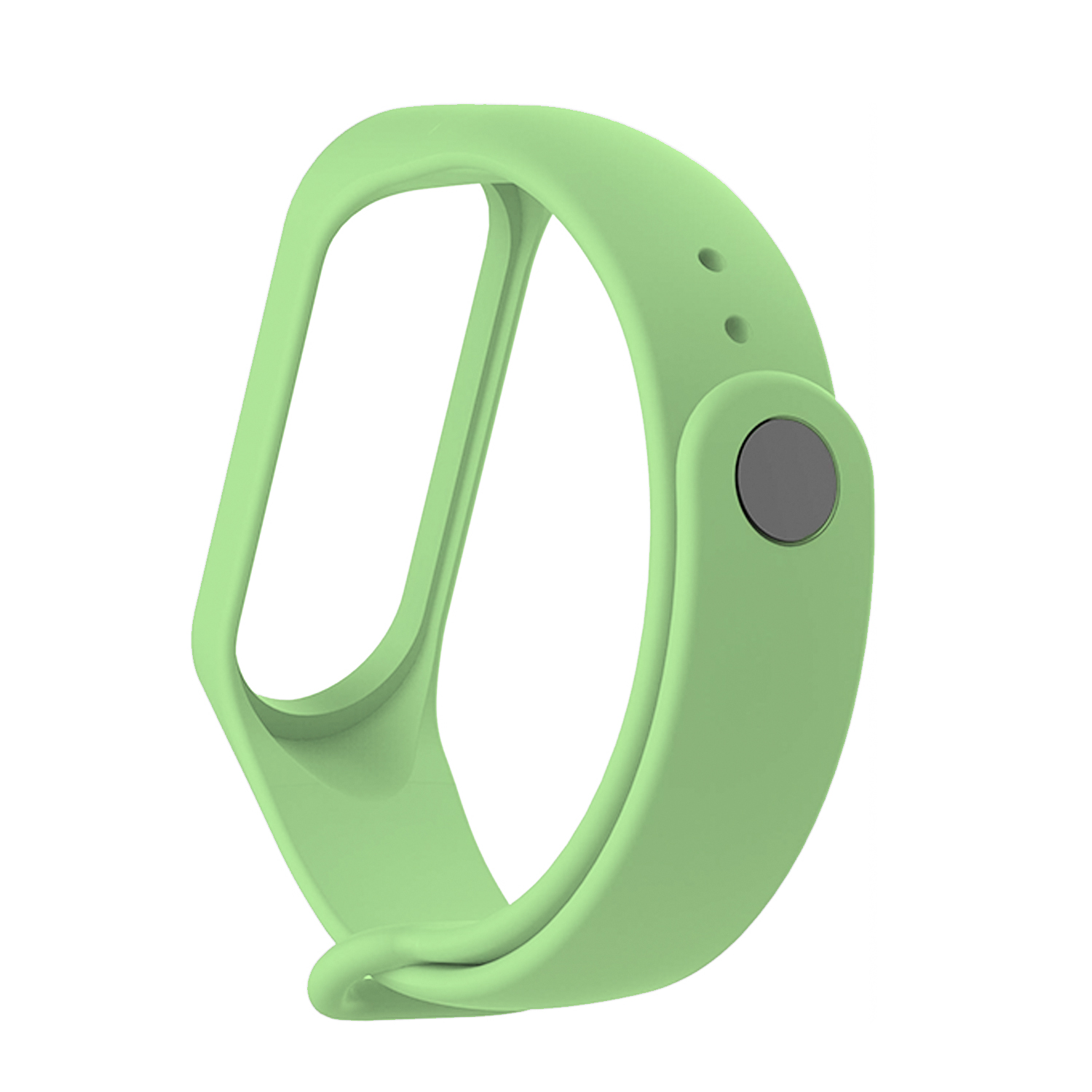 Braccialetto in silicone verde con un bottone grigio. Design ad anello per un fitness tracker.