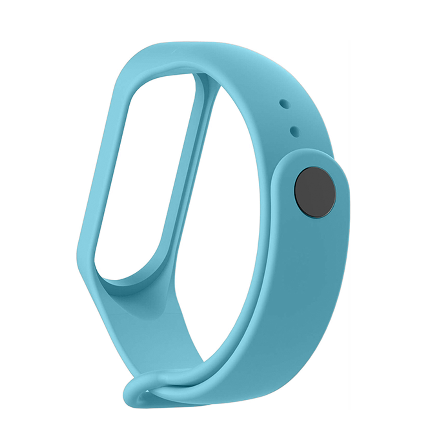 Un cinturino per fitness tracker color turchese con un pulsante nero.