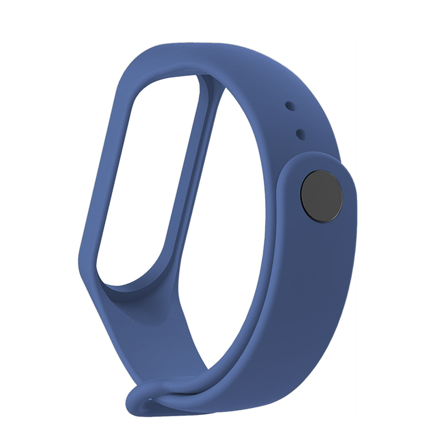 Braccialetto in silicone blu. Ha una chiusura rotonda e due fori per la regolazione.