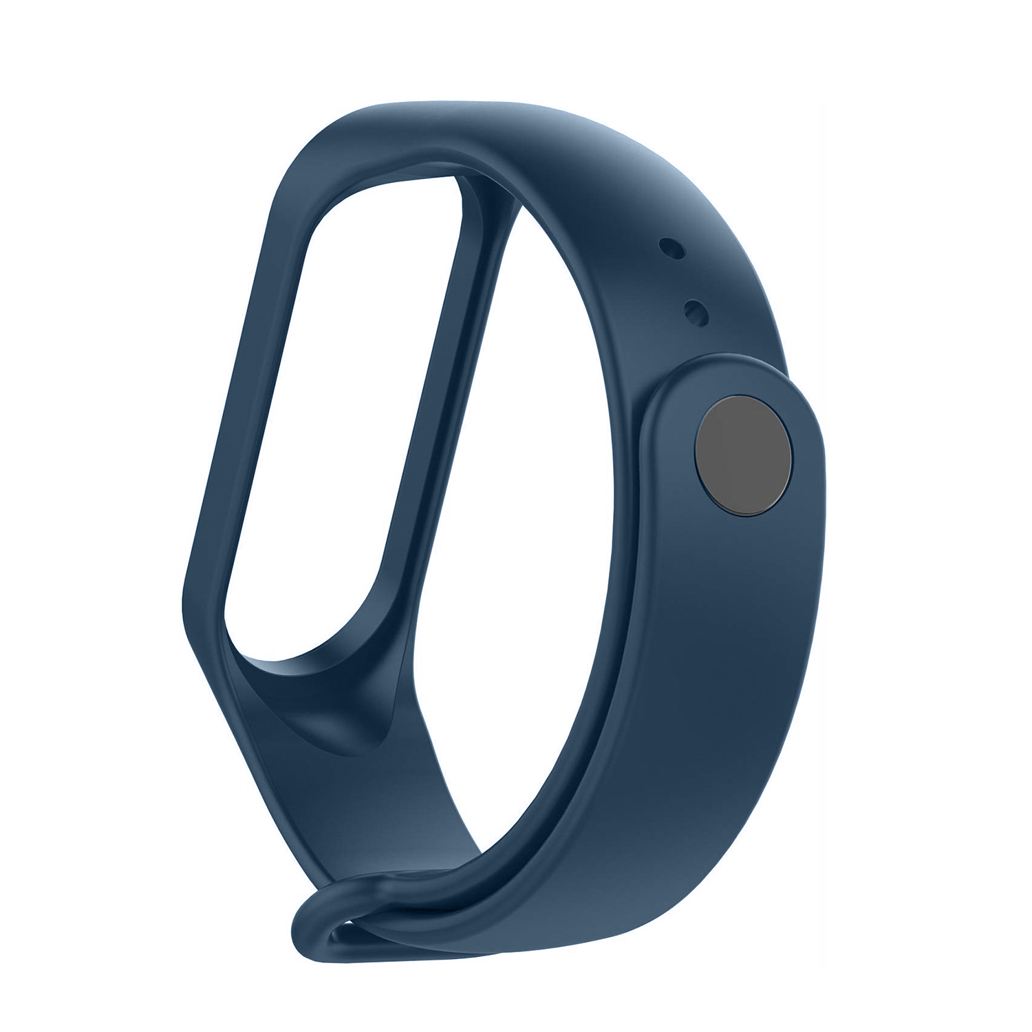 Braccialetto in silicone blu, design curvo, con bottone grigio scuro.