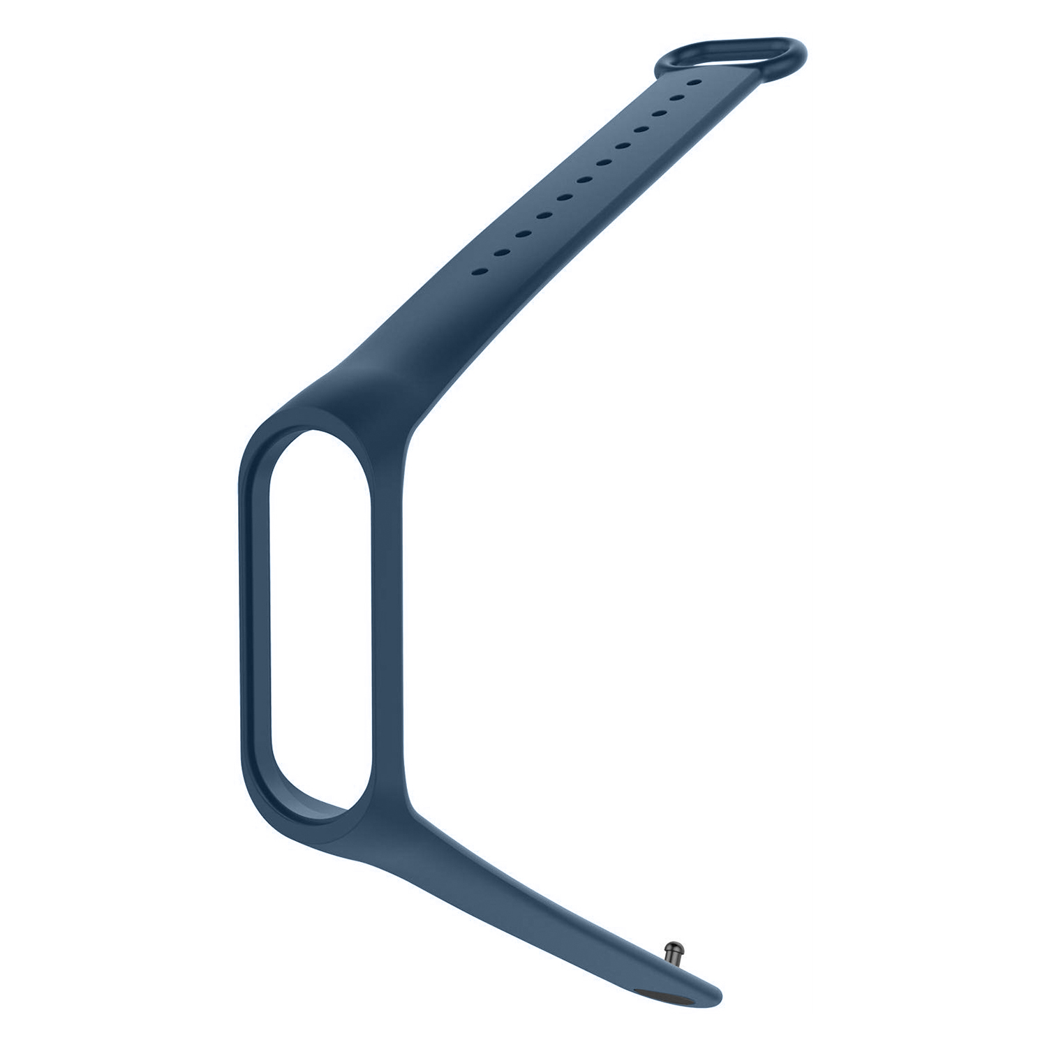 Un cinturino blu Mi Band 4. È un pezzo unico con fori e una chiusura.