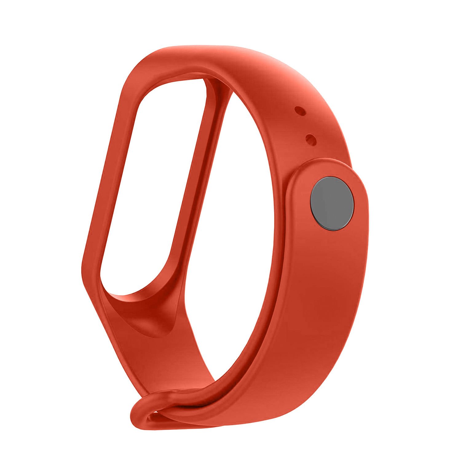 Cinturino arancione Mi Band con bottone grigio e cinturino aperto.