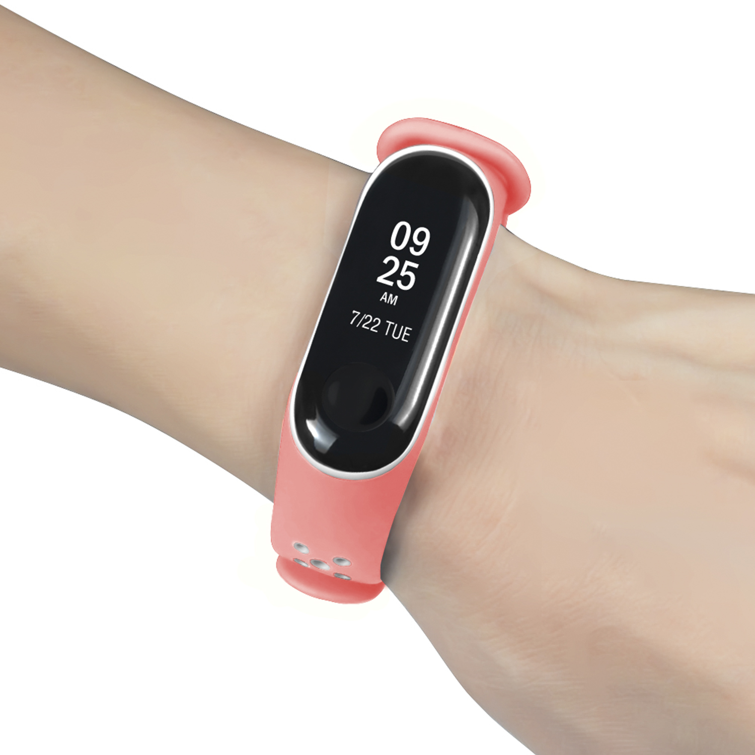 Uno smartwatch rosa con display che mostra l'ora e la data su un polso.