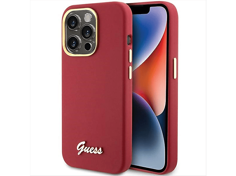 GUESS Script Metal Logo & 15 Frame Design Backcover, Hülle, Pro, Apple, Rot iPhone