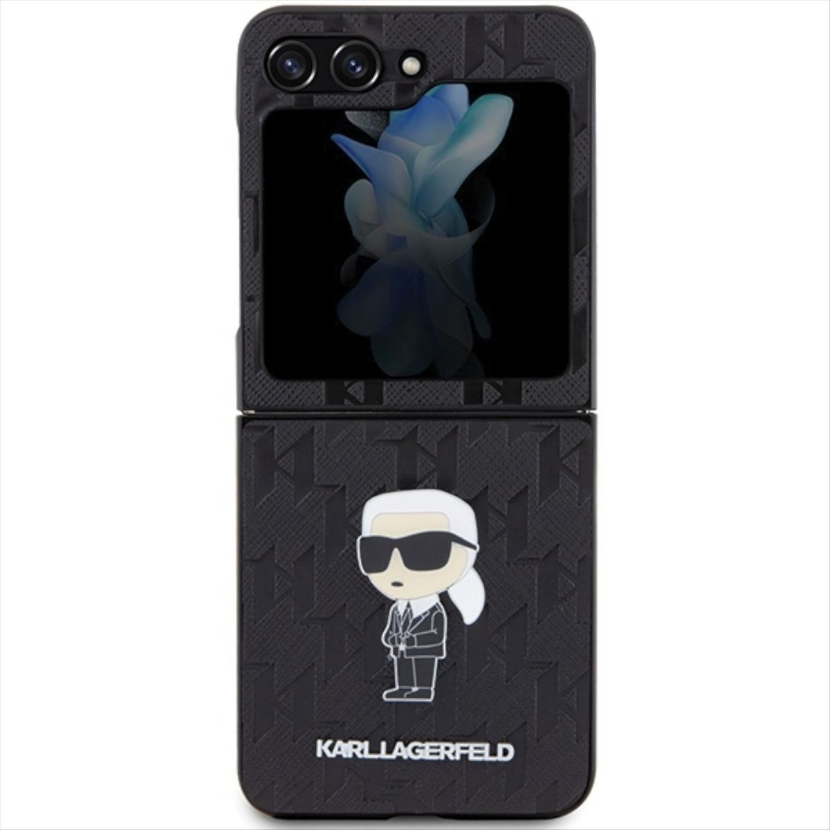 Karl Lagerfeld tasarımlı siyah telefon kılıfı, ekranda çiçek gösteriyor.