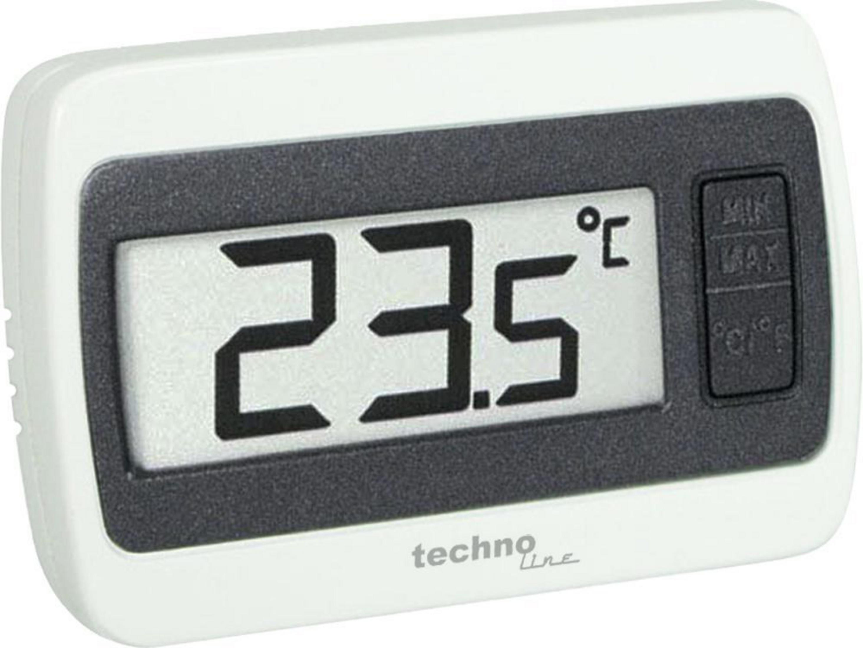 Weiß-schwarzes Digitalthermometer zeigt 23,5 Grad Celsius an, mit Einstellknöpfen.