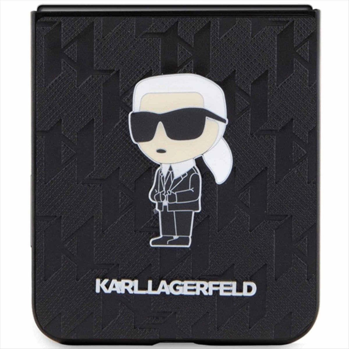Siyah bir Karl Lagerfeld telefon kılıfı, çizgi film figürü ve logo ile. Kılıf, dokulu bir tasarıma sahip.