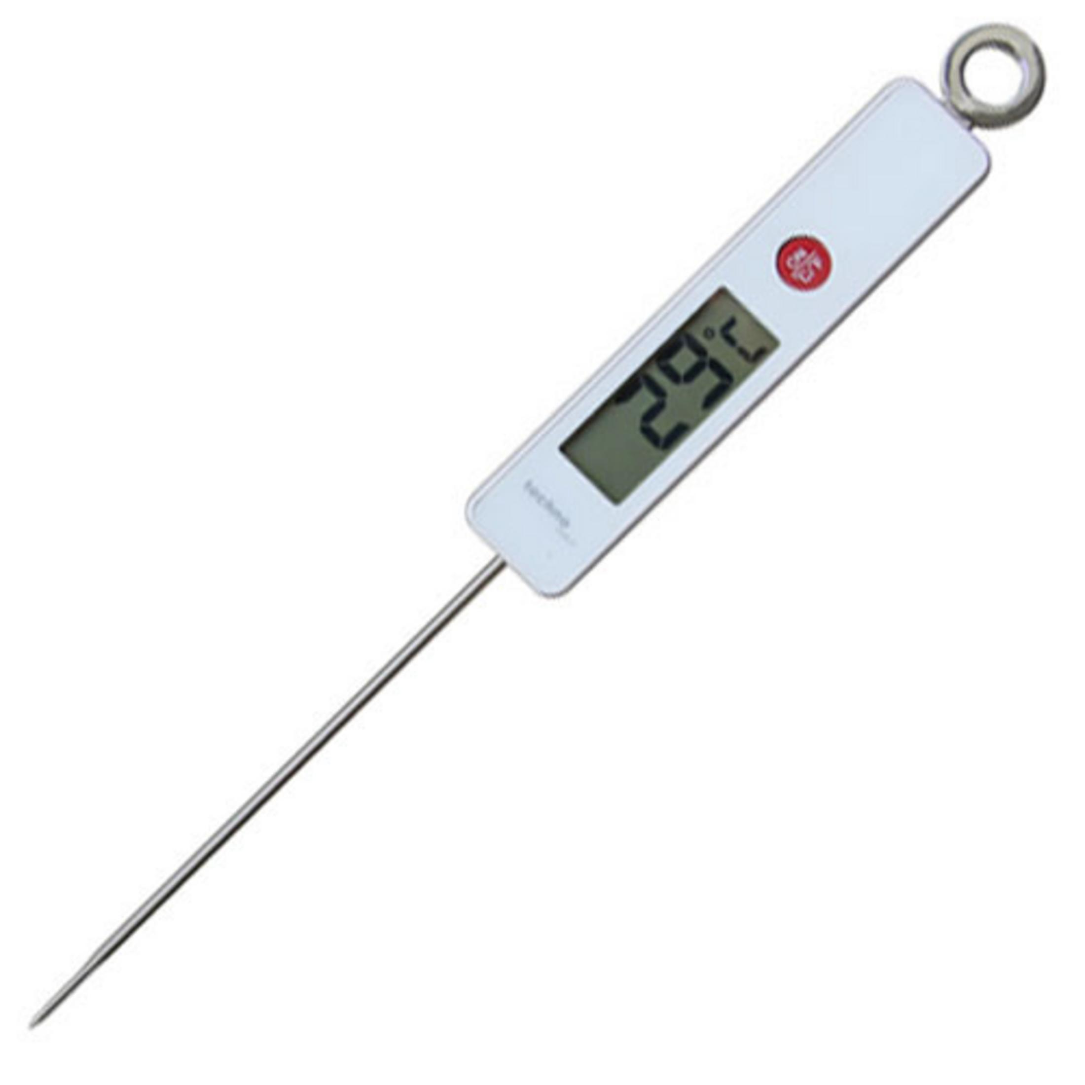 Termometro digitale per alimenti. Visualizza 29,5 gradi. Ha una sonda metallica.