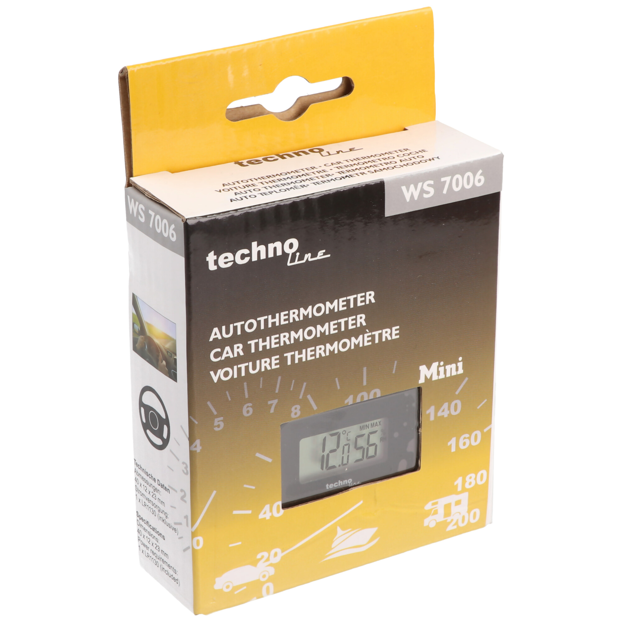 Verpacktes Autothermometer. Die Box ist weiß, gelb und schwarz, mit Digitalanzeige, die eine Temperatur von 12,56 anzeigt.