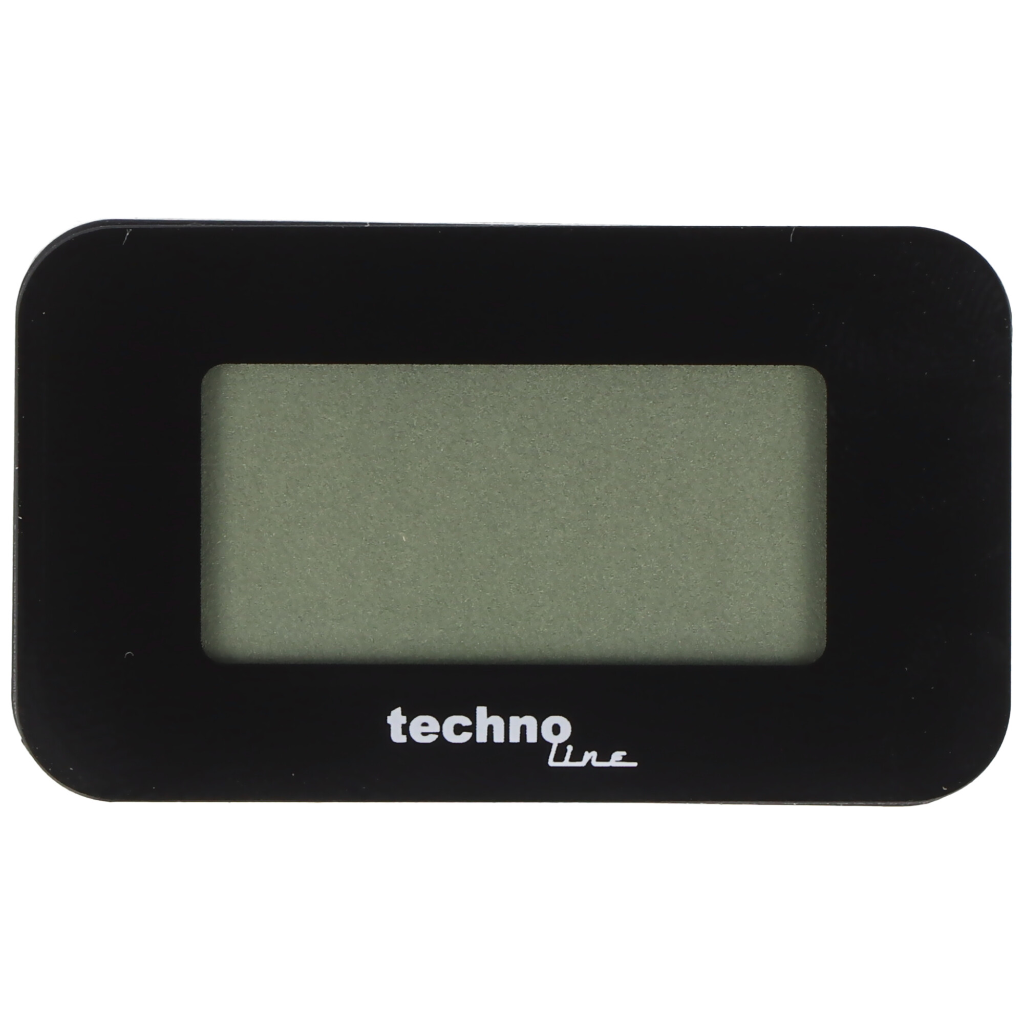 Ein schwarzes Digitaldisplay mit dem Wort „technoline“ unten, vor weißem Hintergrund.