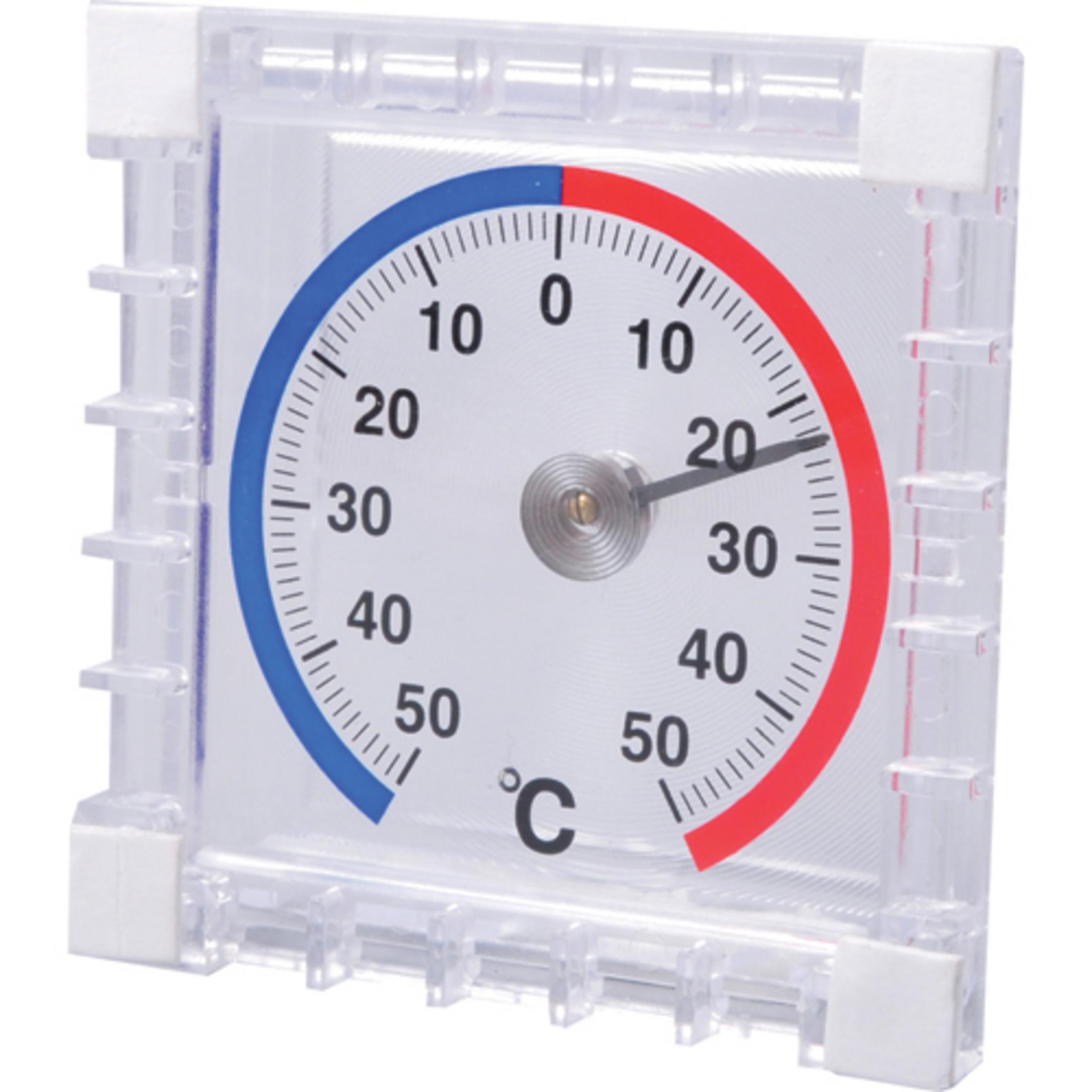 Ein Thermometer zeigt die Temperatur in Celsius an, mit einer rot/blauen Skala. Der Zeiger zeigt 20°C an. Klarer Kunststoffrahmen.
