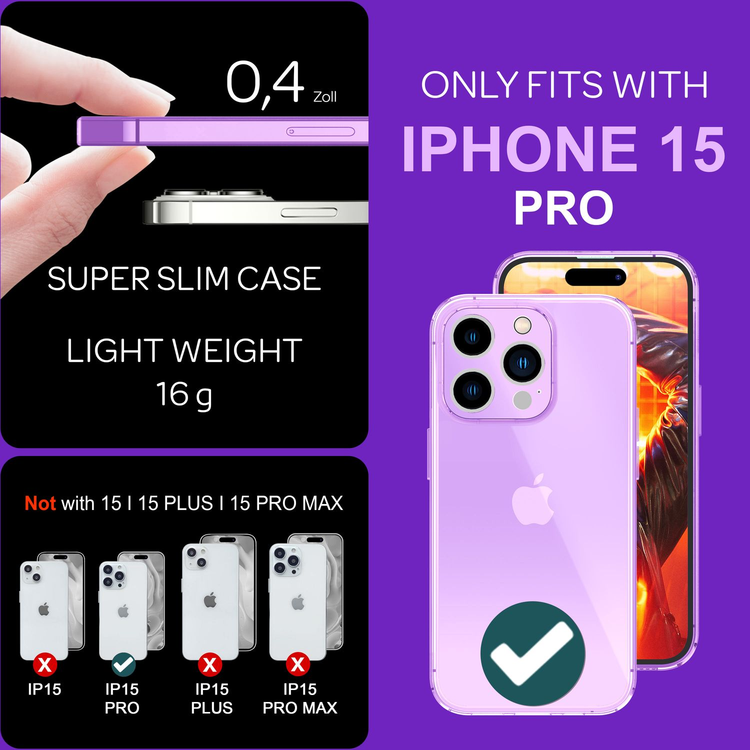 Una custodia per iPhone 15 Pro, lilla chiaro, con info sui modelli.
