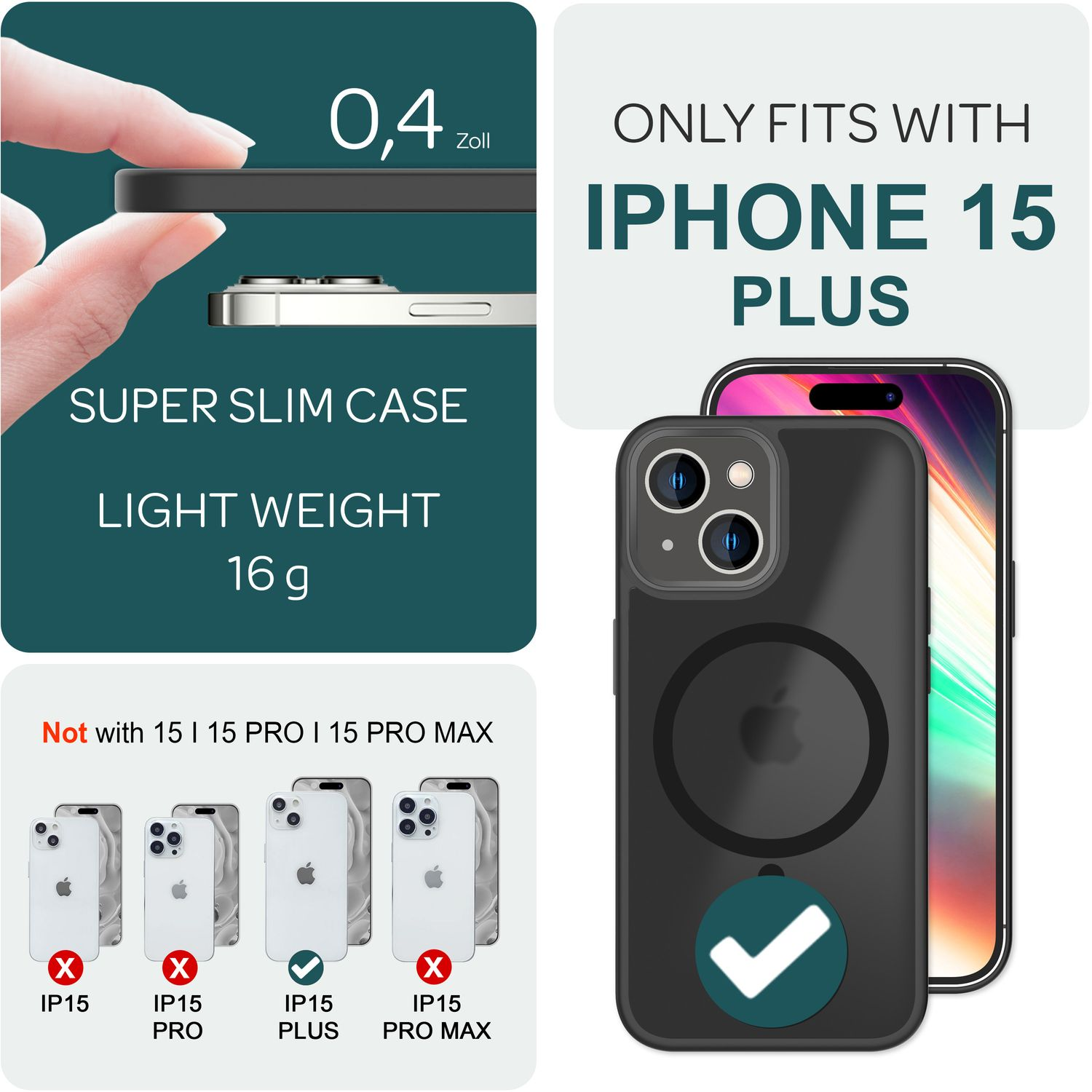 Un iPhone 15 Plus avec une coque noire. Le texte indique qu'il ne s'adapte qu'à ce modèle.
