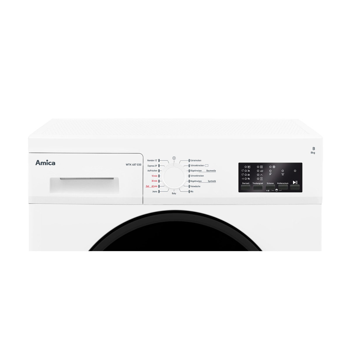 Biała pralka z wyświetlaczem cyfrowym i panelem sterowania. Logo Amica widoczne z przodu.