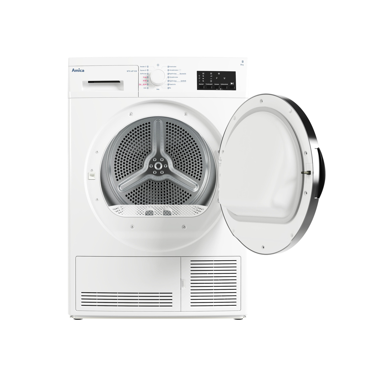 Biała suszarka Amica z otwartymi drzwiami, pokazująca bęben.