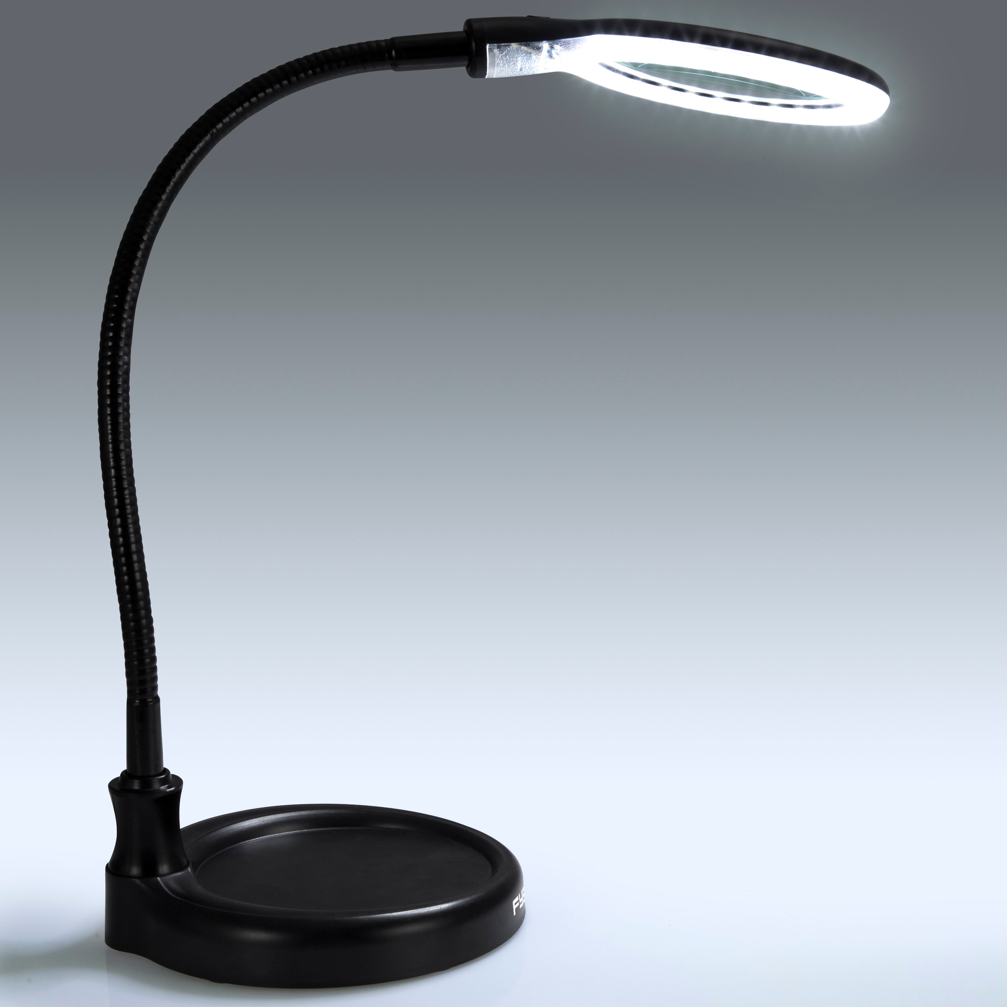 Schwarze Schreibtischlampe mit flexiblem Hals und Lupe.