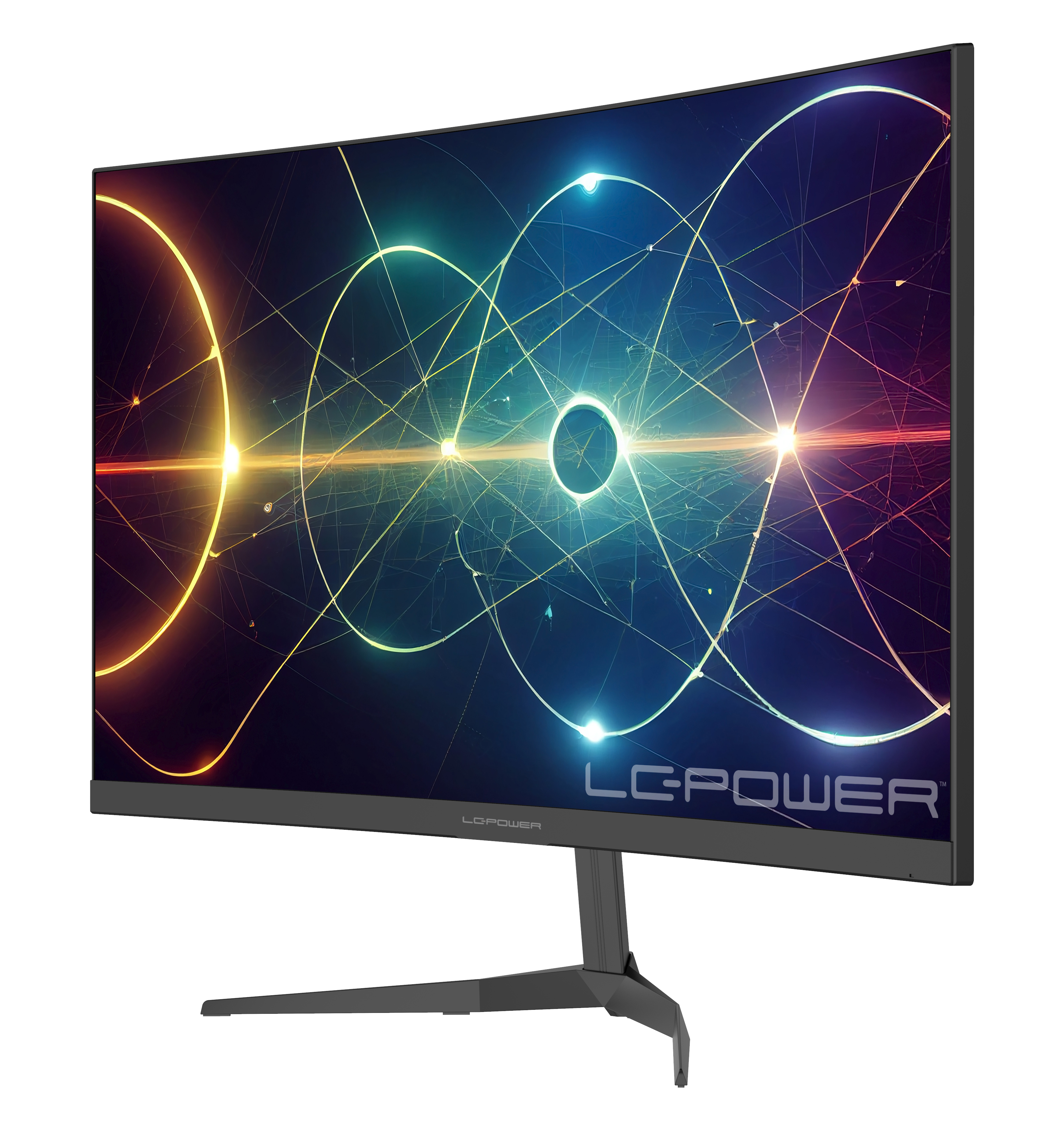 Zakrzywiony monitor LG z kolorowym, abstrakcyjnym wzorem na ekranie. Czarny stojak, szara ramka.